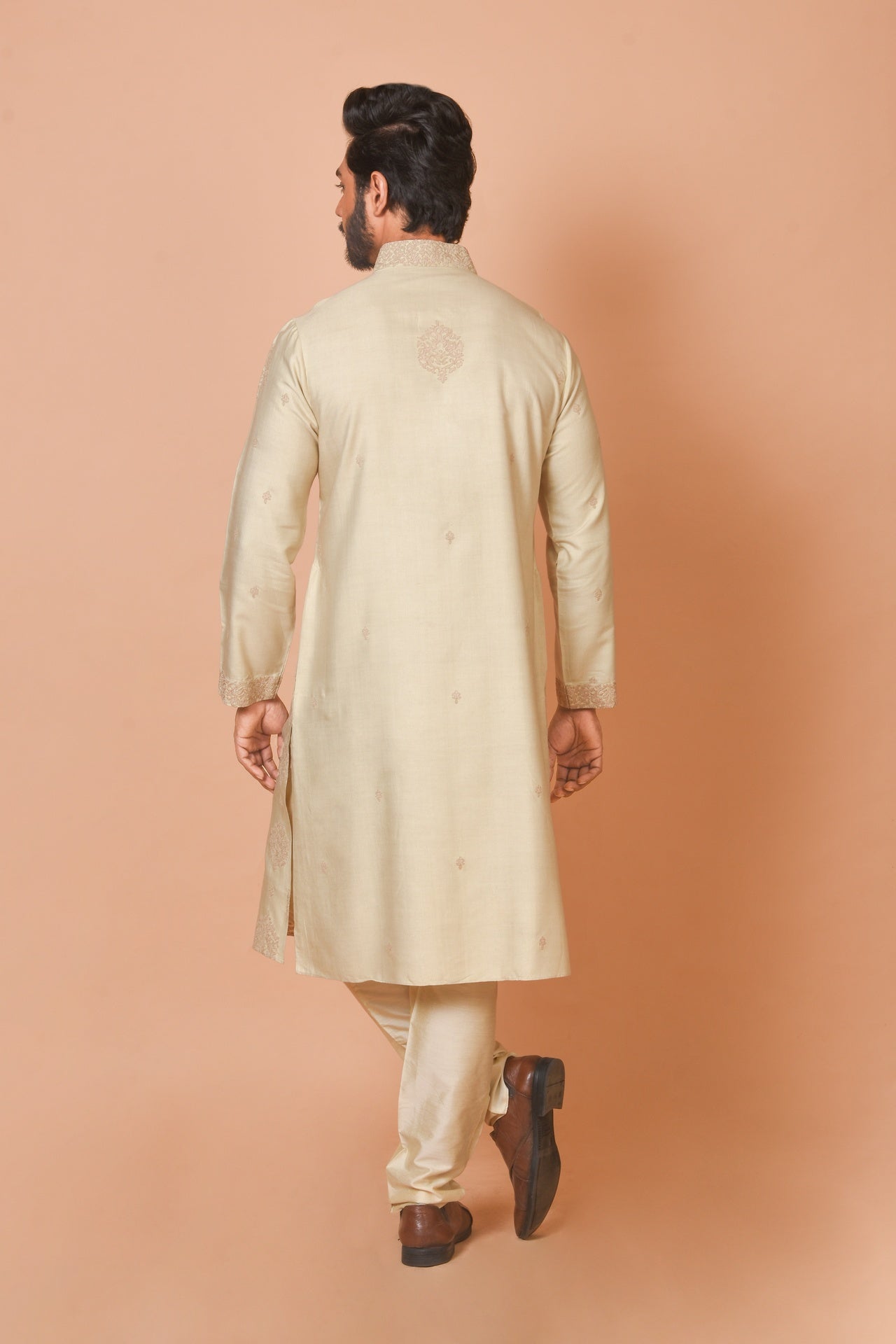 Beige Cotton Silk Kurta with Cordwork Detailing & Matching Churidar Set