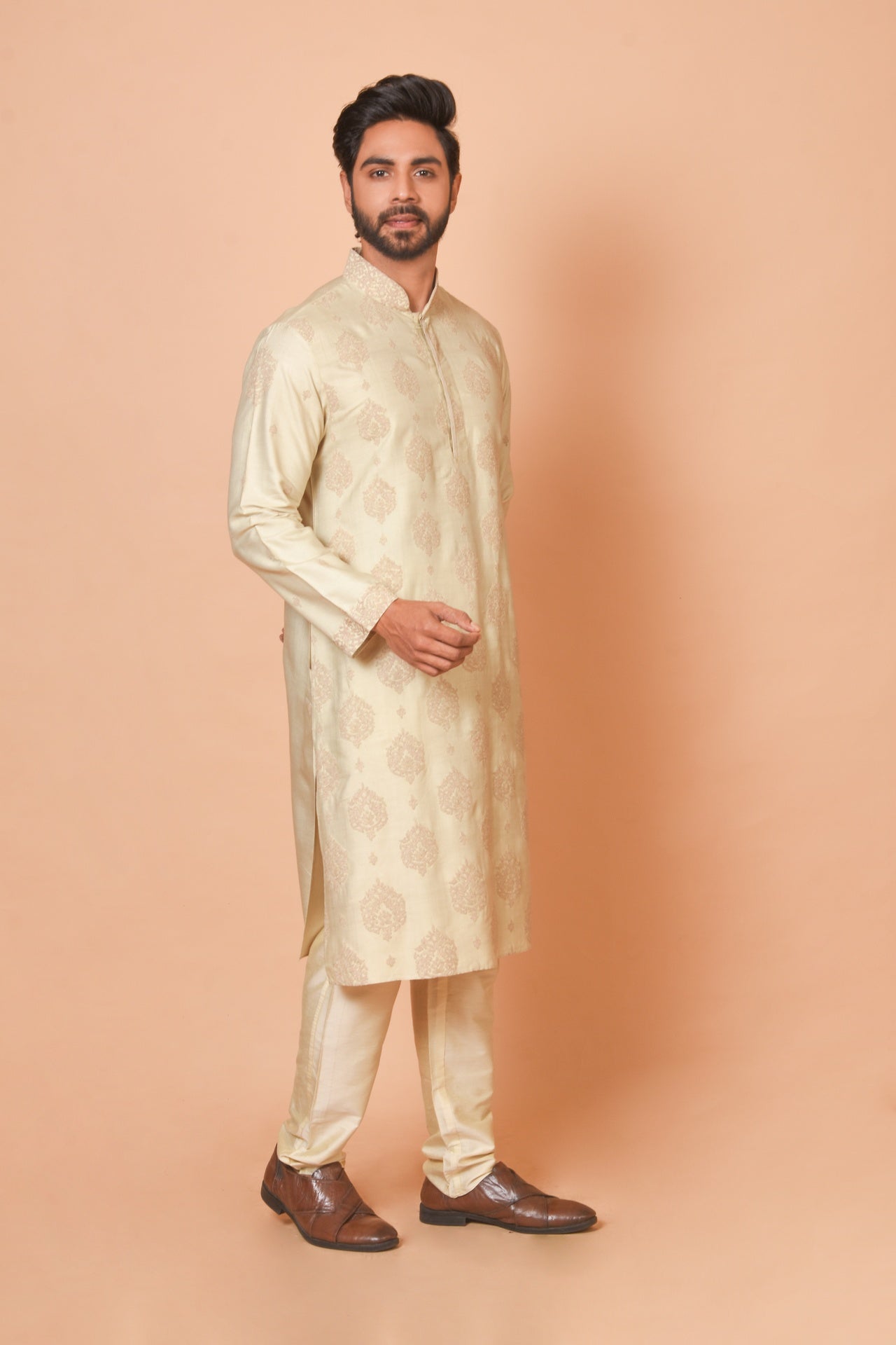 Beige Cotton Silk Kurta with Cordwork Detailing & Matching Churidar Set
