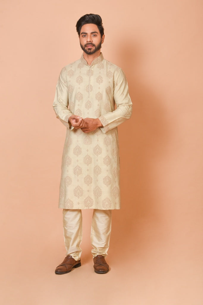 Beige Cotton Silk Kurta with Cordwork Detailing & Matching Churidar Set