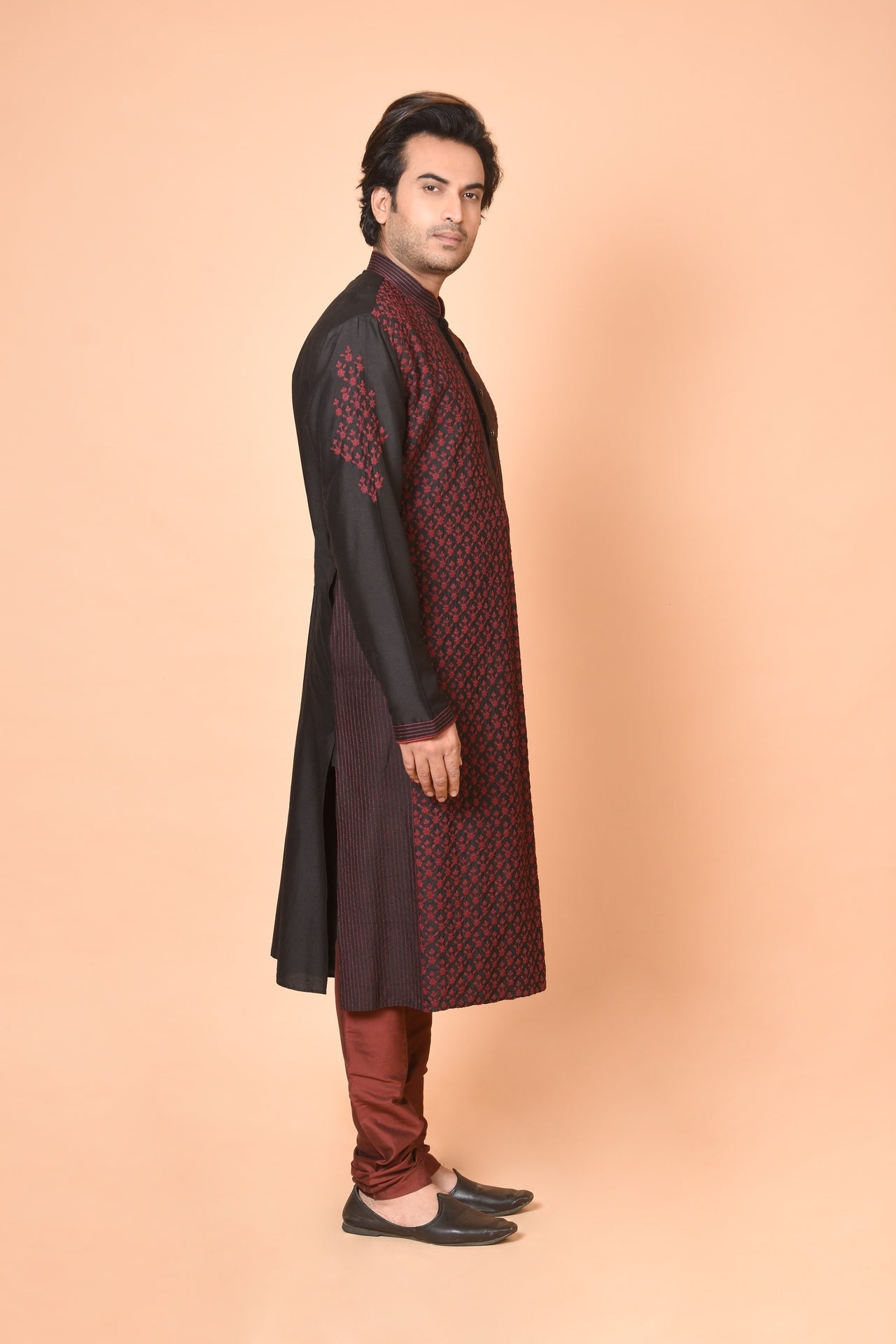 Black Floral Jaal Embroidered Kurta with Maroon Churidar Set
