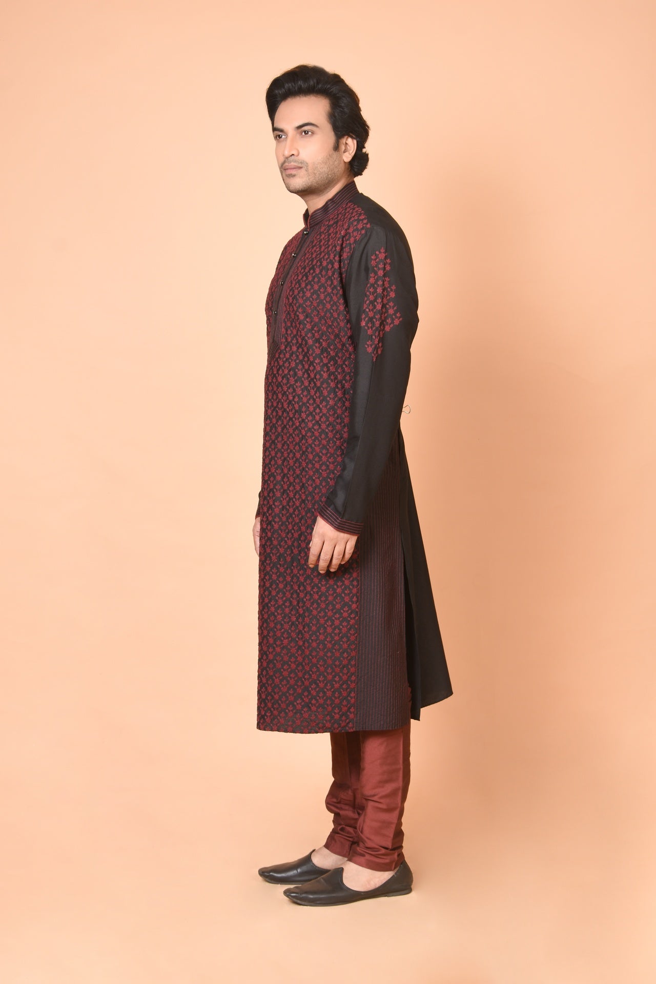 Black Floral Jaal Embroidered Kurta with Maroon Churidar Set
