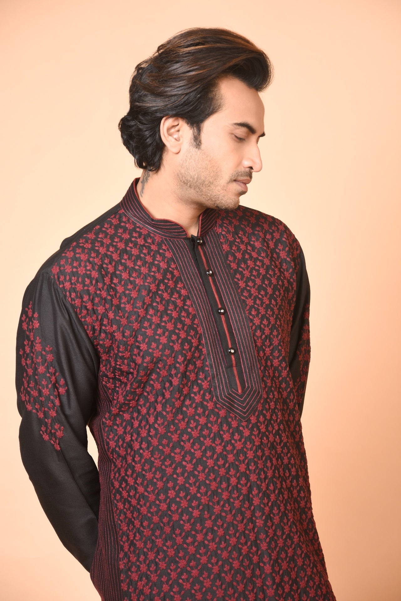 Black Floral Jaal Embroidered Kurta with Maroon Churidar Set
