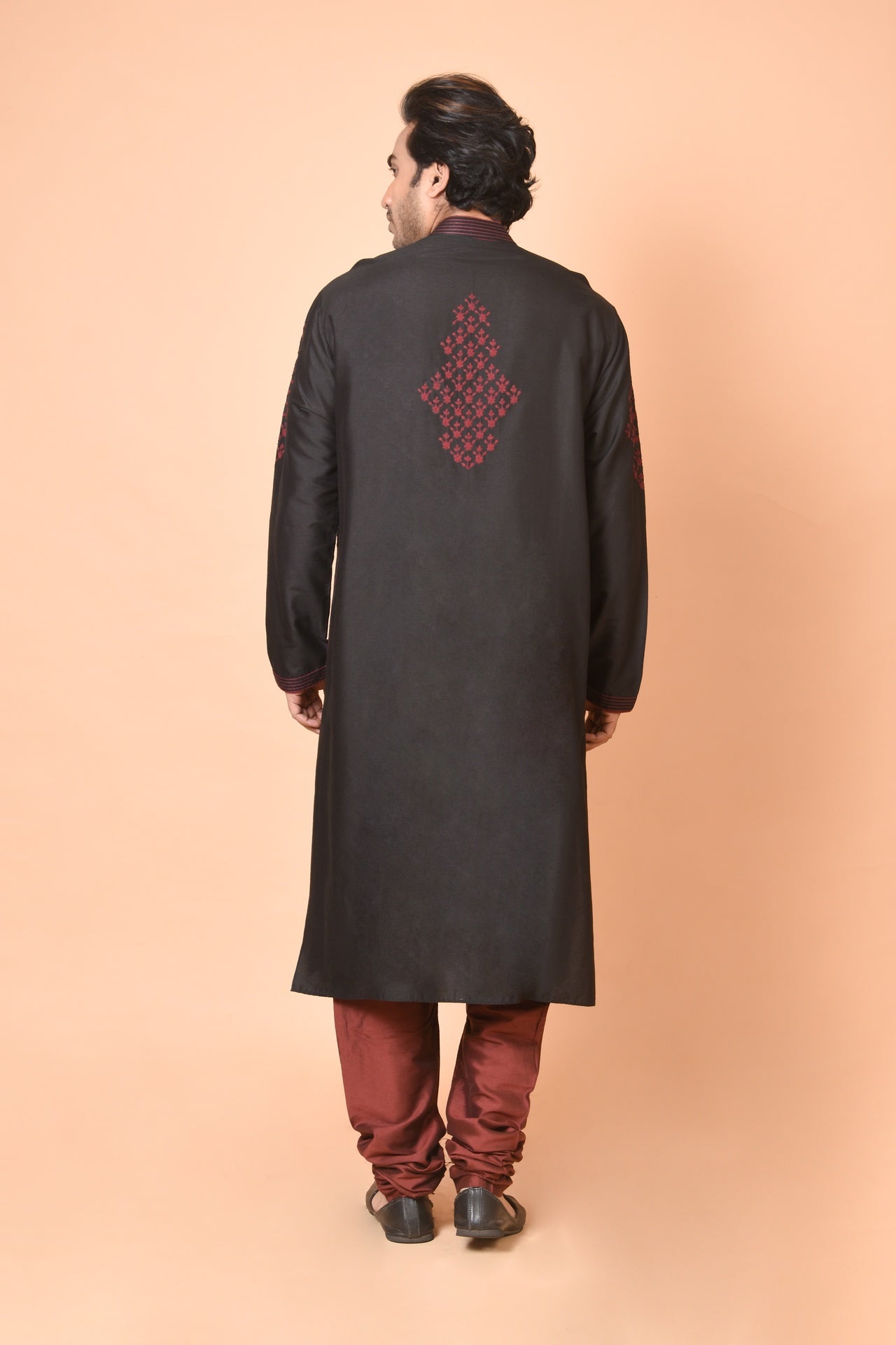Black Floral Jaal Embroidered Kurta with Maroon Churidar Set
