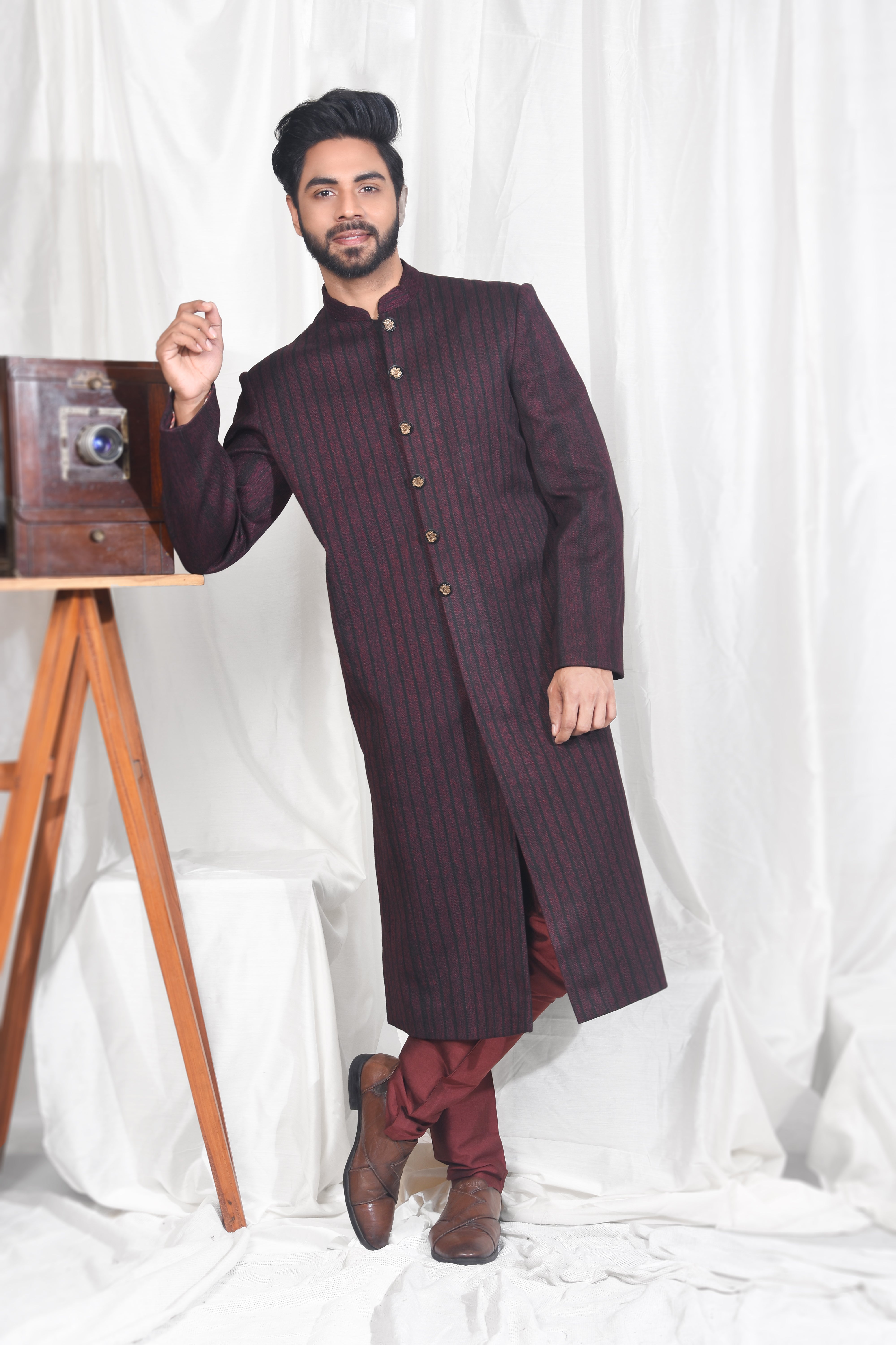 Maroon Threadwork Achkan with Coordinated Churidar