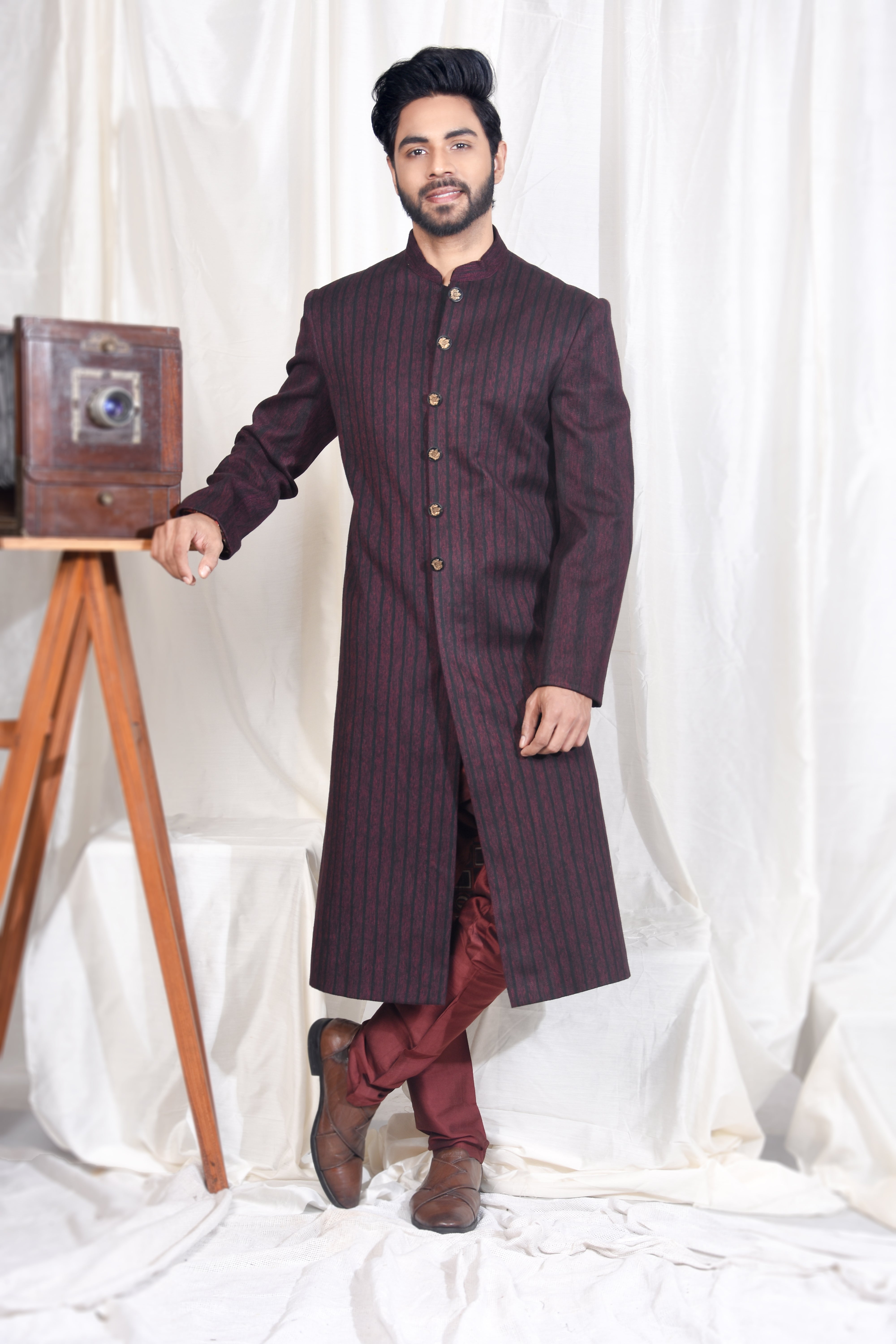 Maroon Threadwork Achkan with Coordinated Churidar