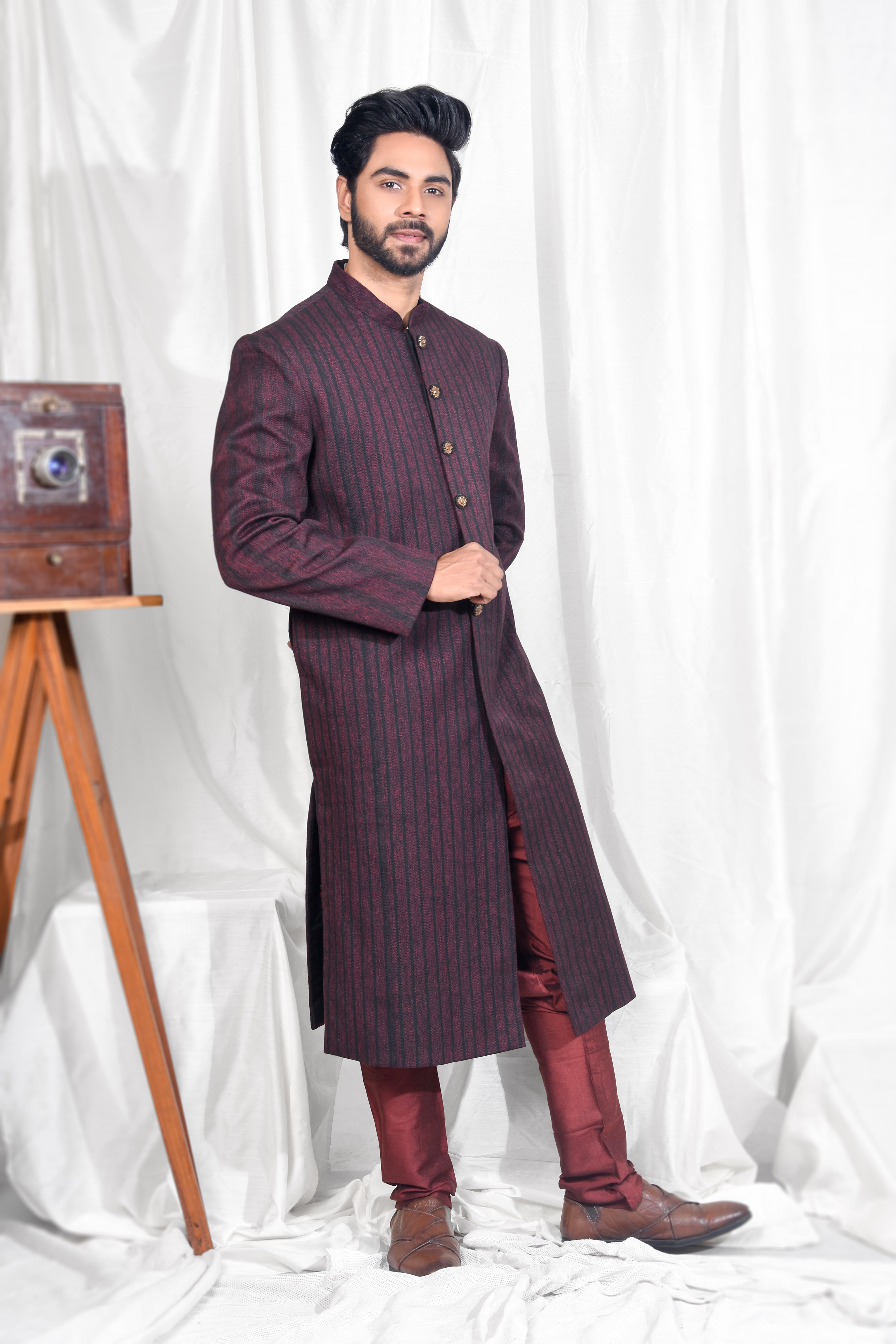 Maroon Threadwork Achkan with Coordinated Churidar