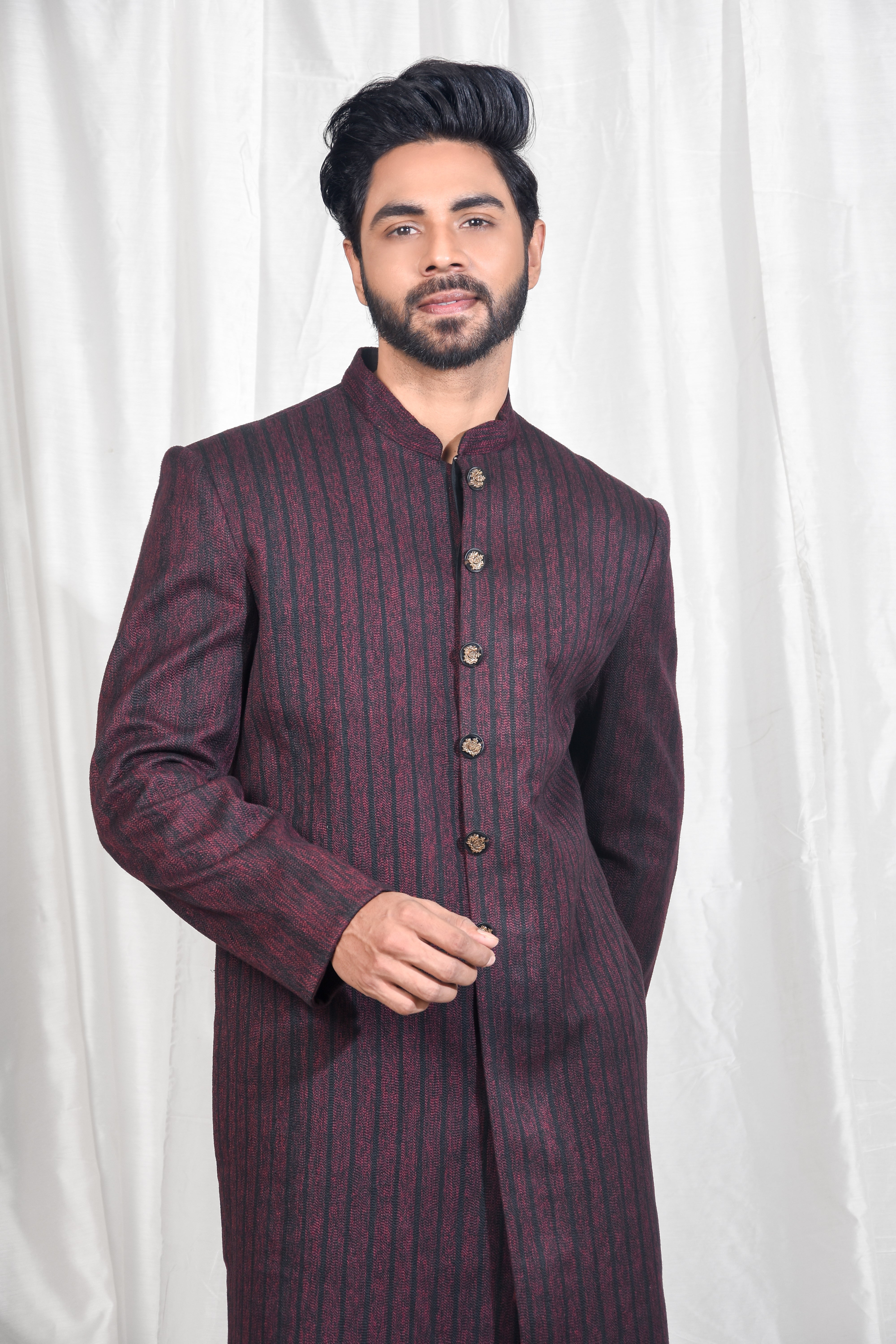 Maroon Threadwork Achkan with Coordinated Churidar
