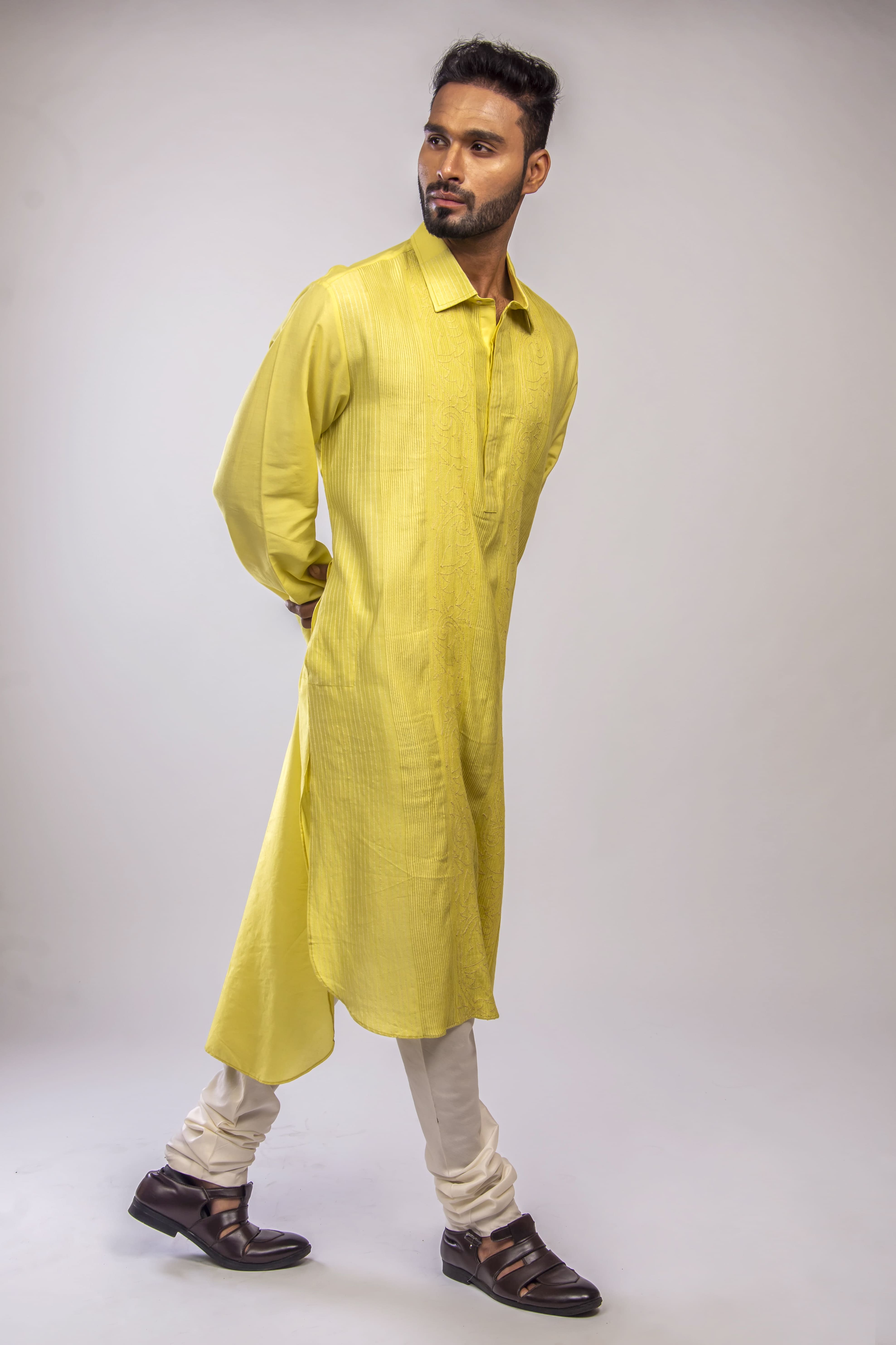 Lemon Yellow Pintuck & Textured Kurta with Cord Embroidery
