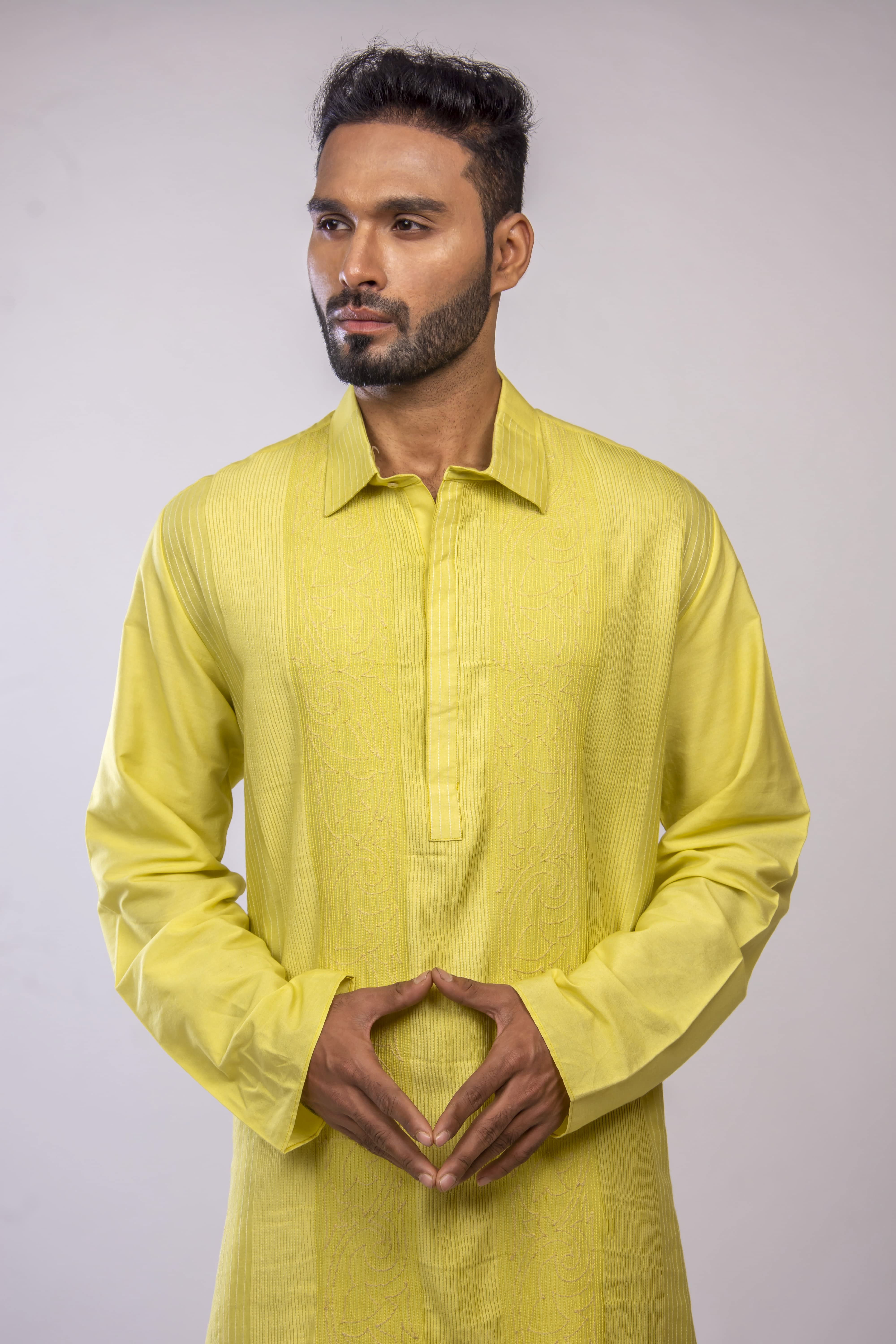 Lemon Yellow Pintuck & Textured Kurta with Cord Embroidery