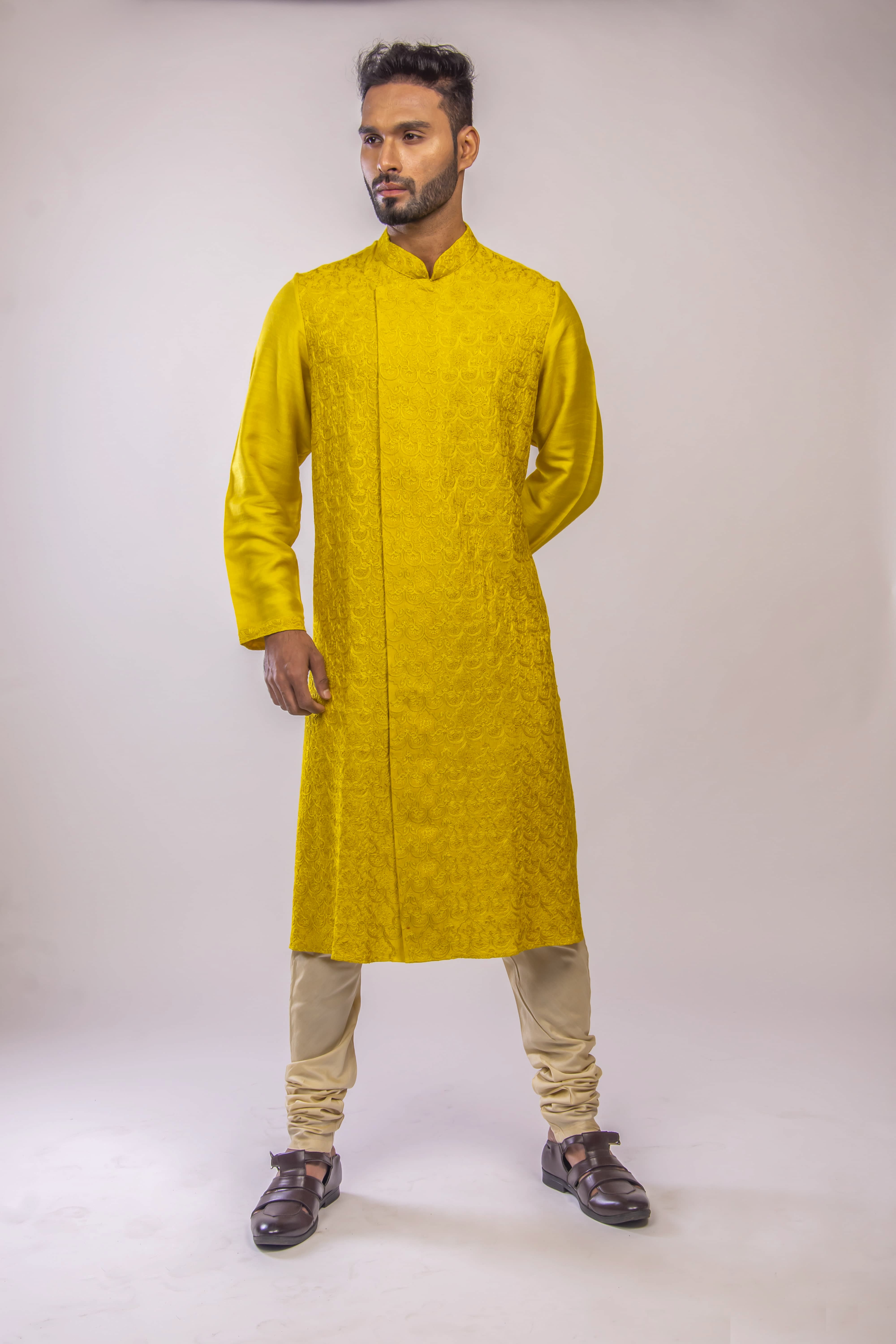 Gold Yellow Aari Jaal Embroidered Kurta
