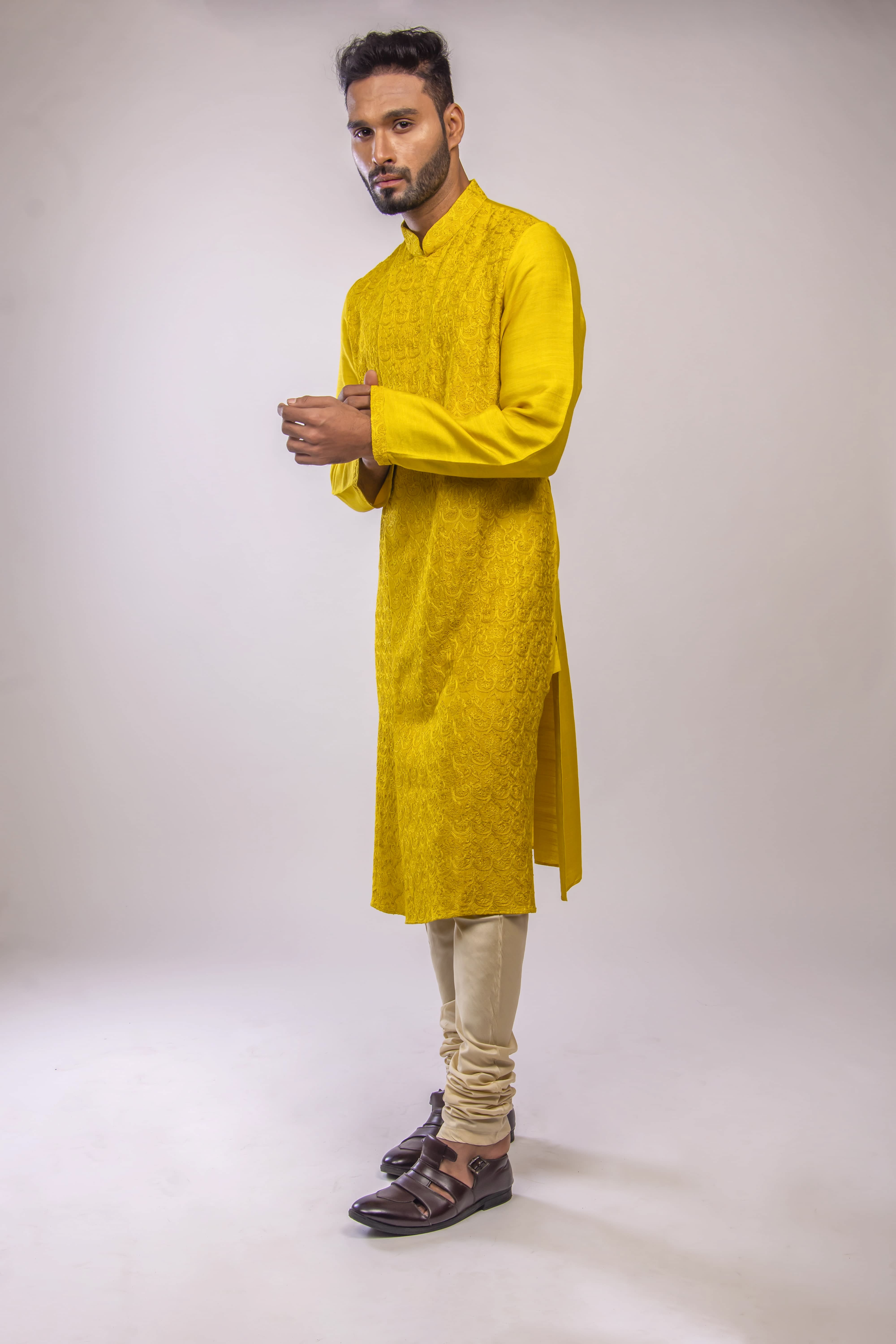 Gold Yellow Aari Jaal Embroidered Kurta