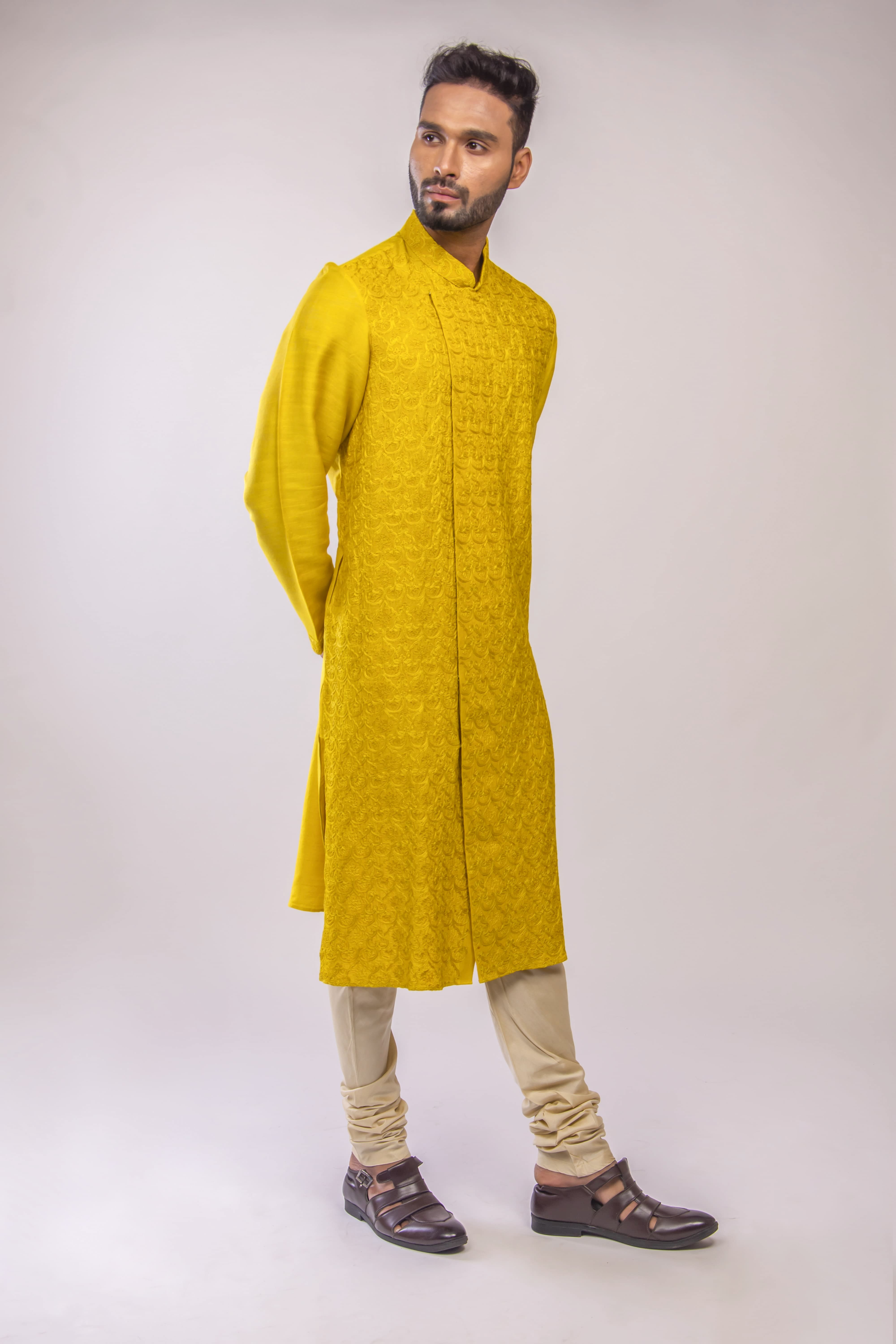 Gold Yellow Aari Jaal Embroidered Kurta