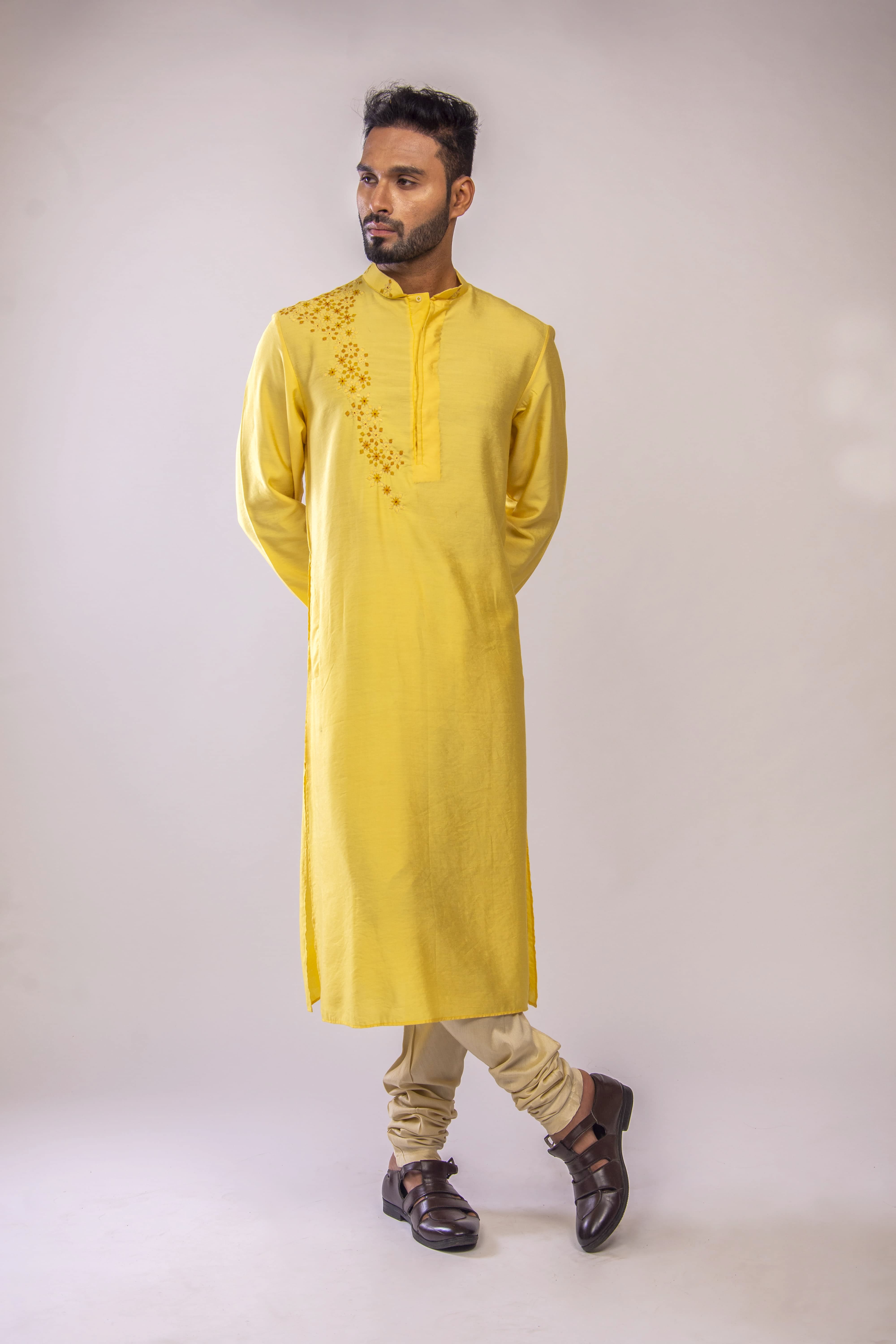 Yellow Kurta with Falling Geometric Embroidery