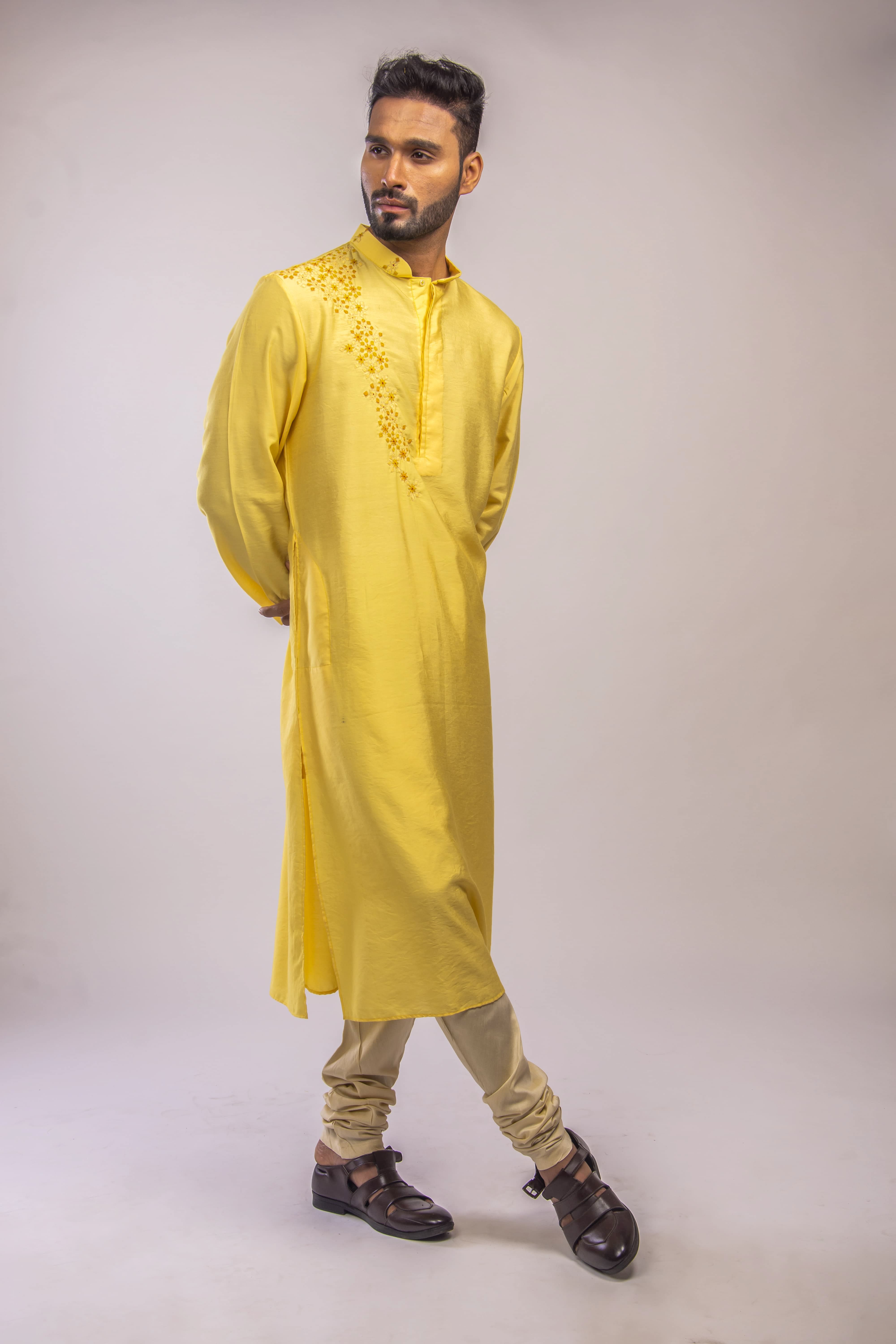 Yellow Kurta with Falling Geometric Embroidery