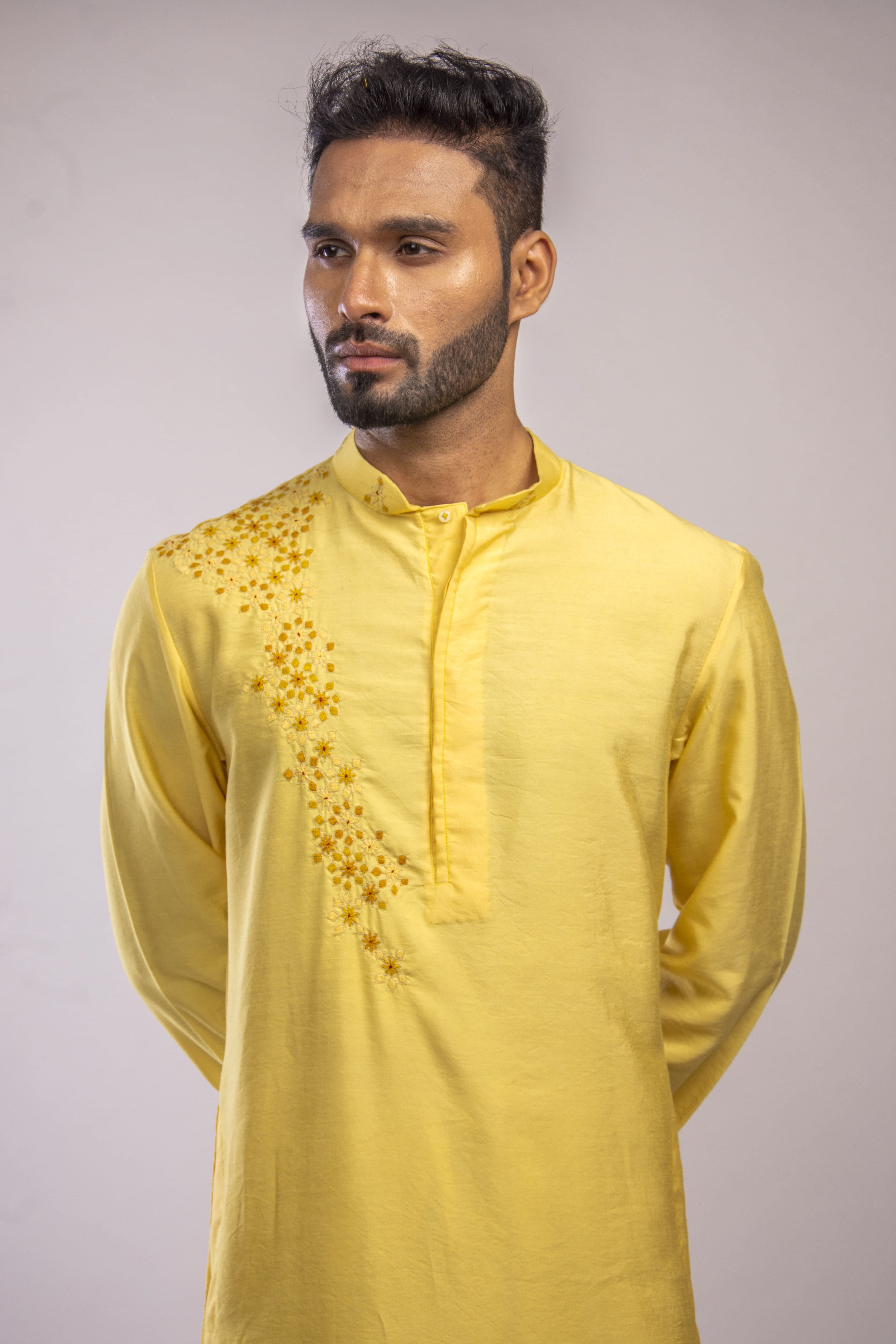 Yellow Kurta with Falling Geometric Embroidery
