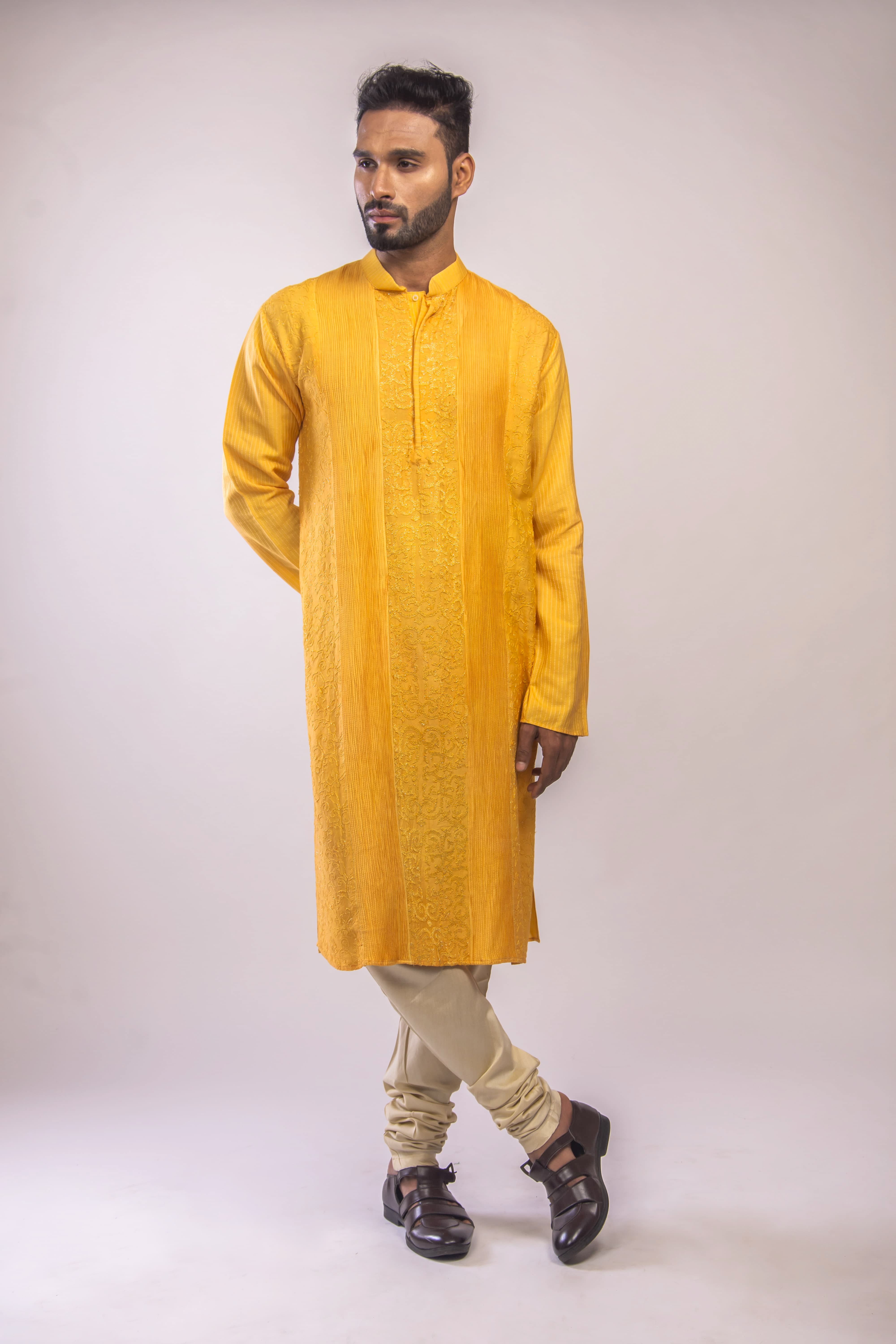 Kesariya Kurta with Pintuck & Jaal Work