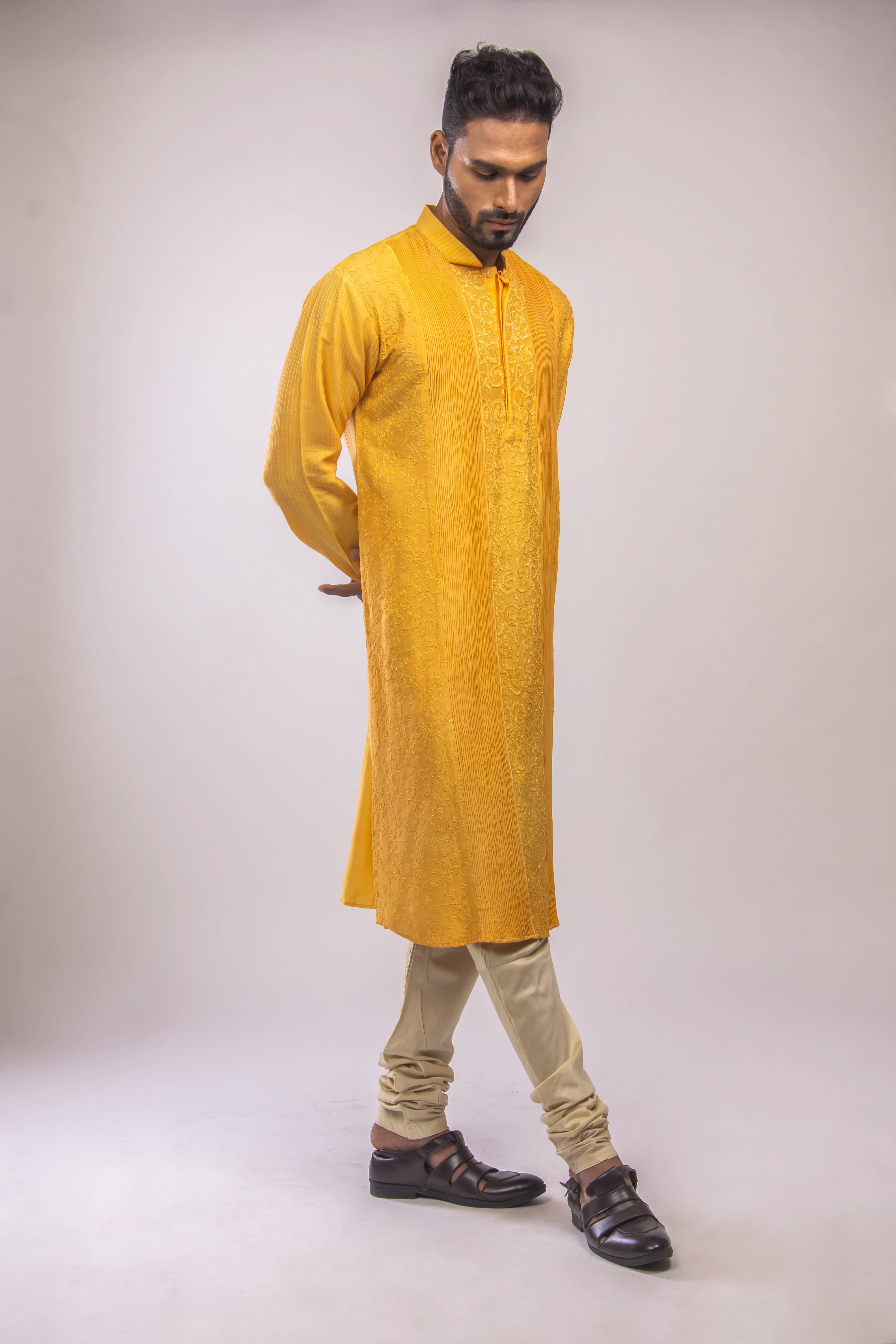 Kesariya Kurta with Pintuck & Jaal Work