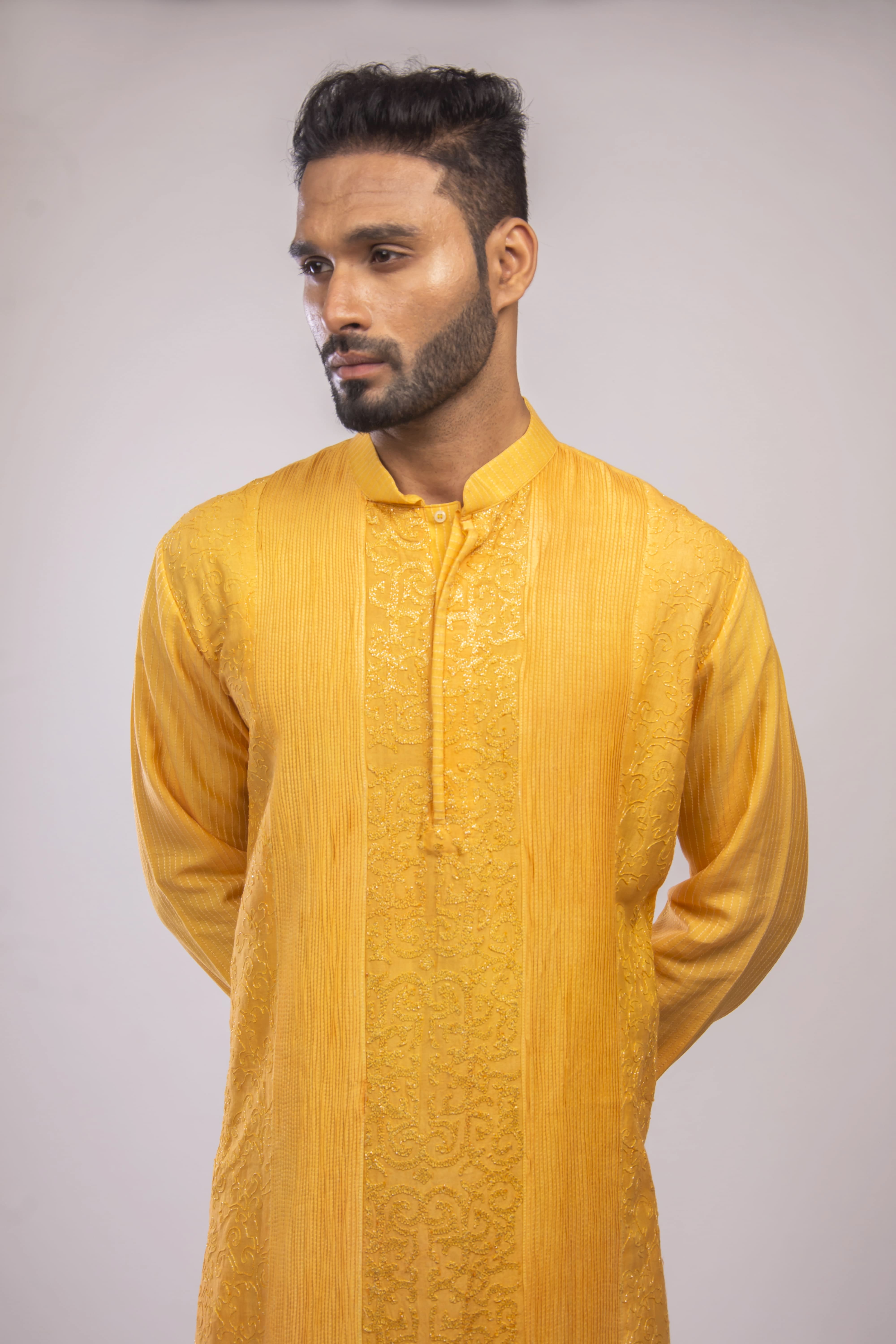 Kesariya Kurta with Pintuck & Jaal Work