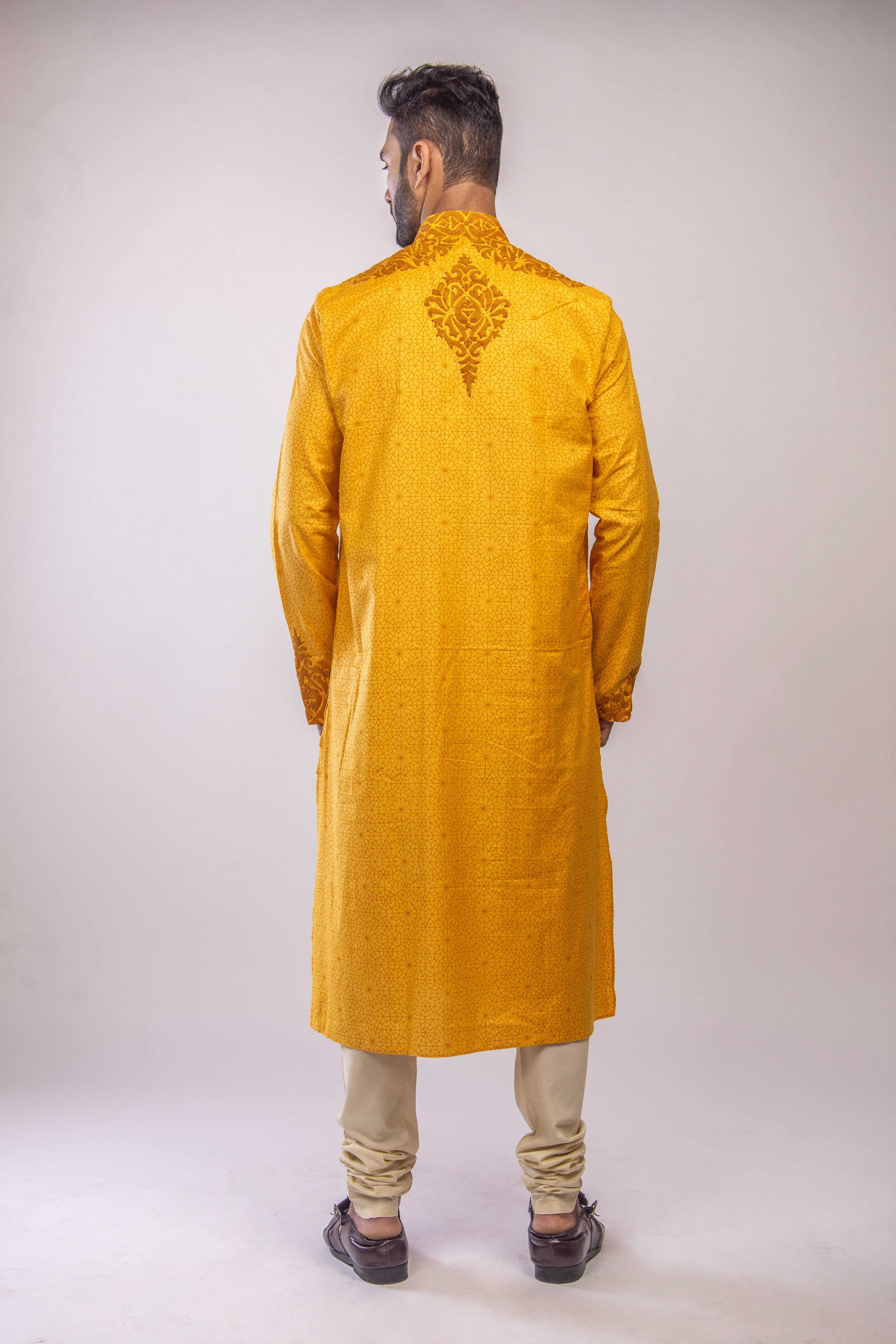 Yellow Ochre Kurta with Regal Yoke Embroidery