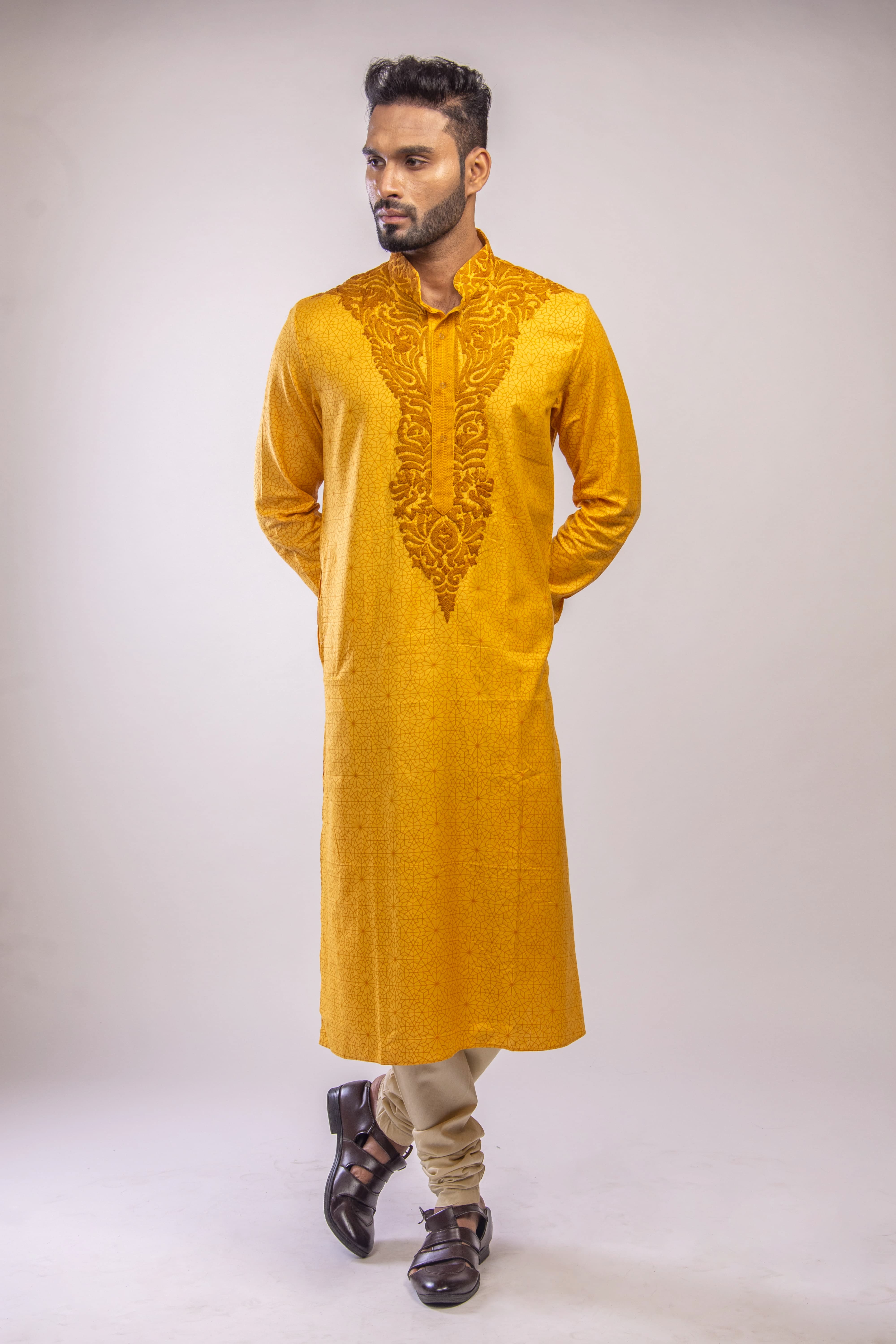 Yellow Ochre Kurta with Regal Yoke Embroidery