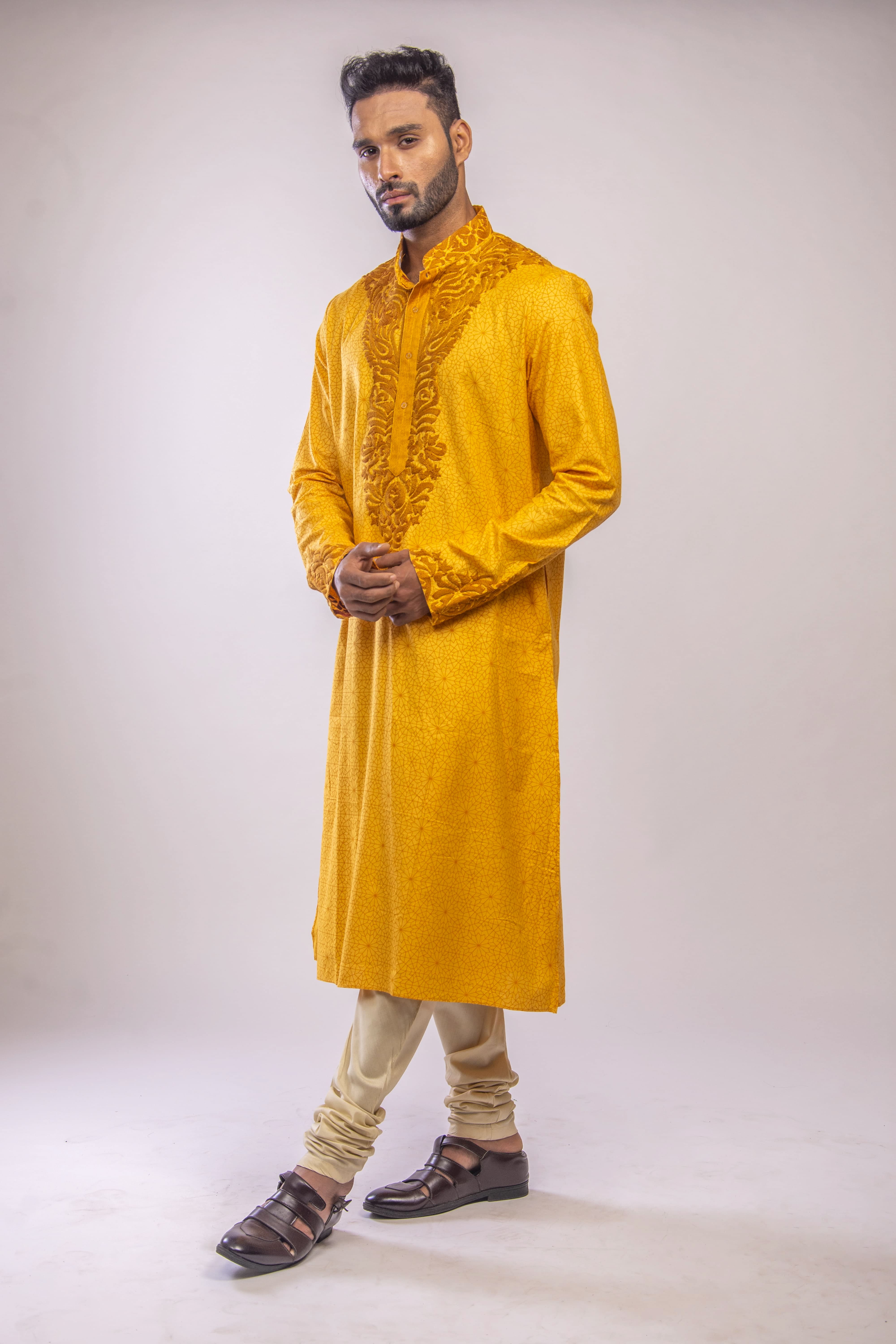 Yellow Ochre Kurta with Regal Yoke Embroidery