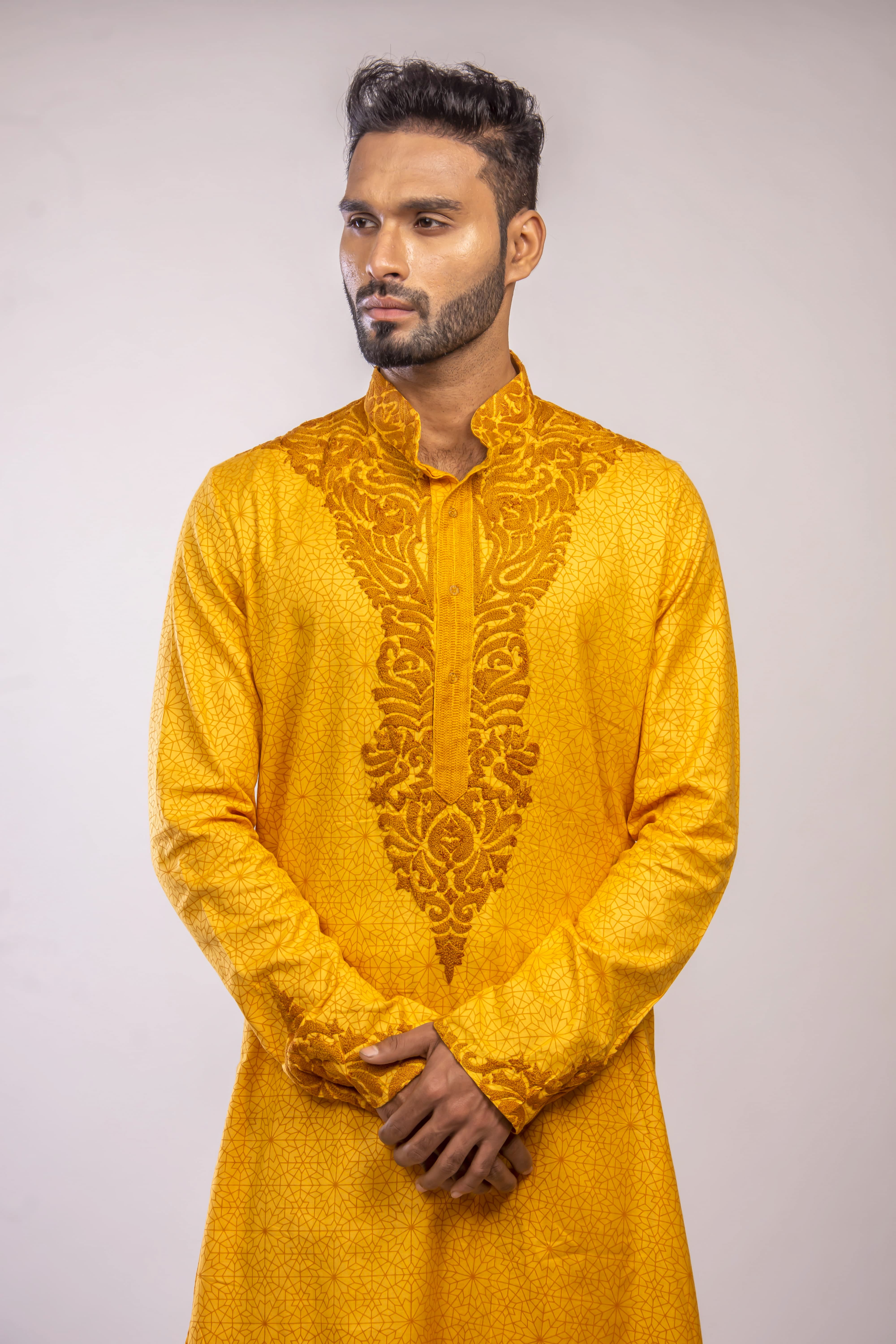 Yellow Ochre Kurta with Regal Yoke Embroidery