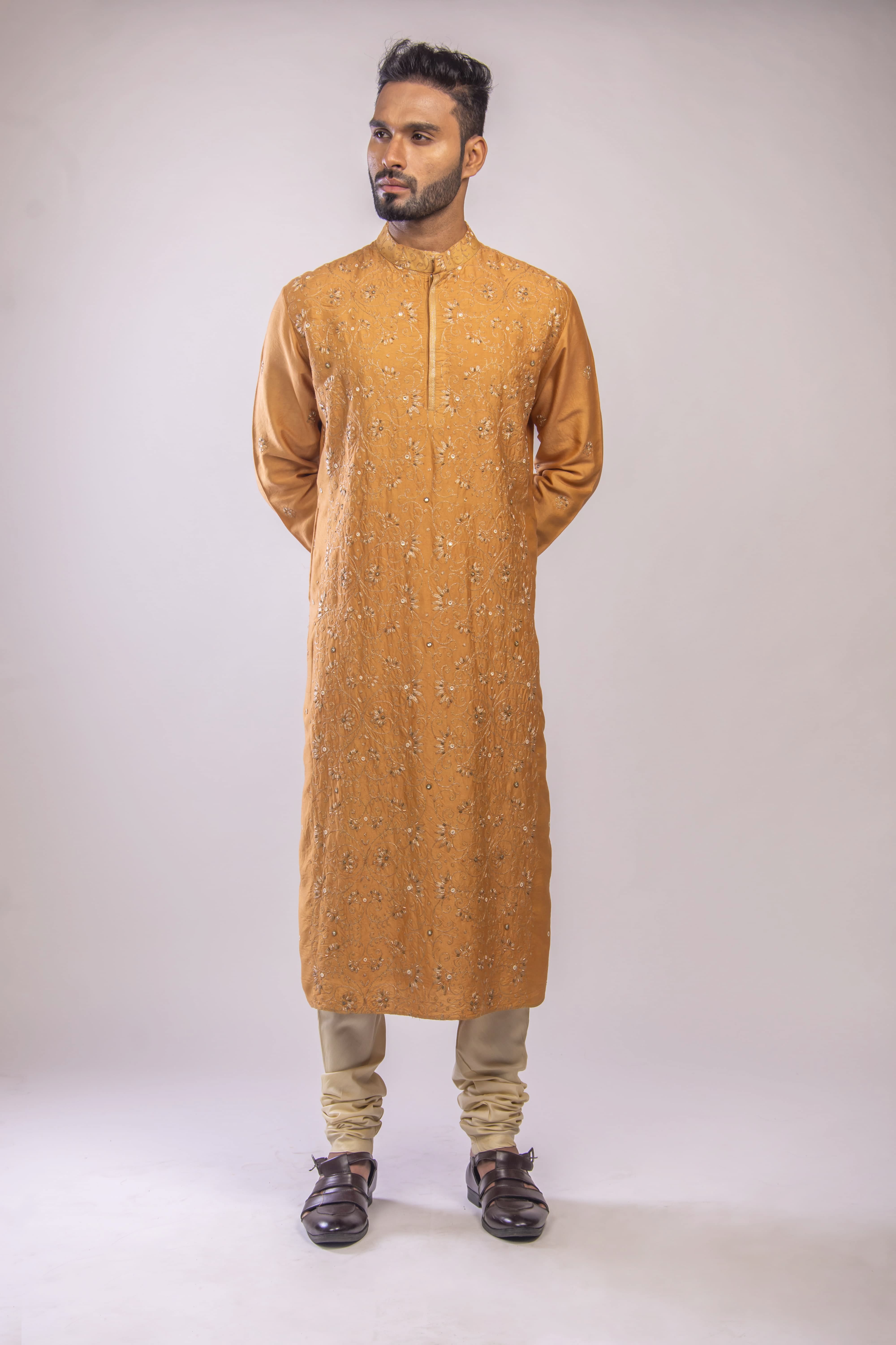 Champagne Beige Kurta with Antique Silver Jaal & Swarovski Embroidery