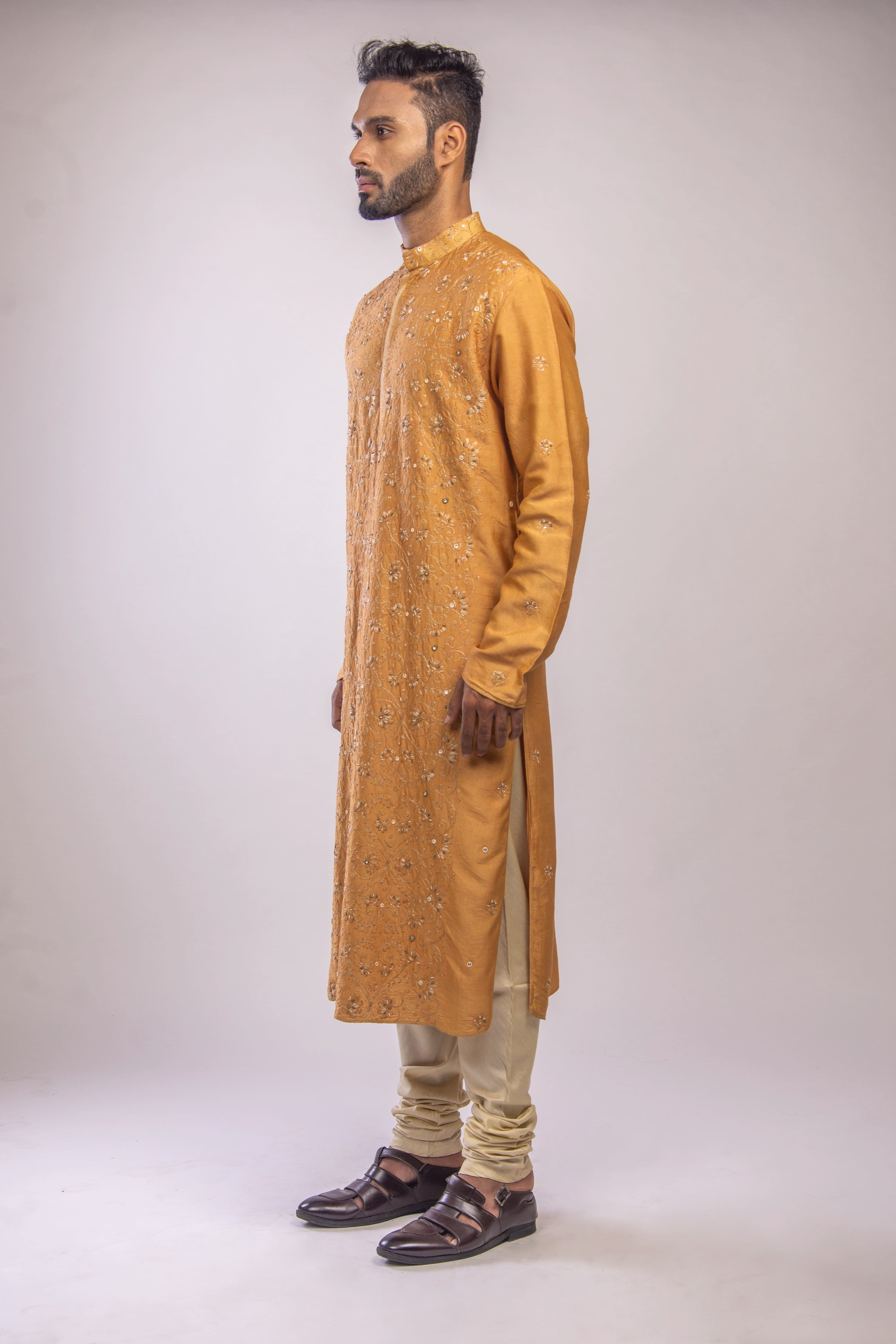 Champagne Beige Kurta with Antique Silver Jaal & Swarovski Embroidery