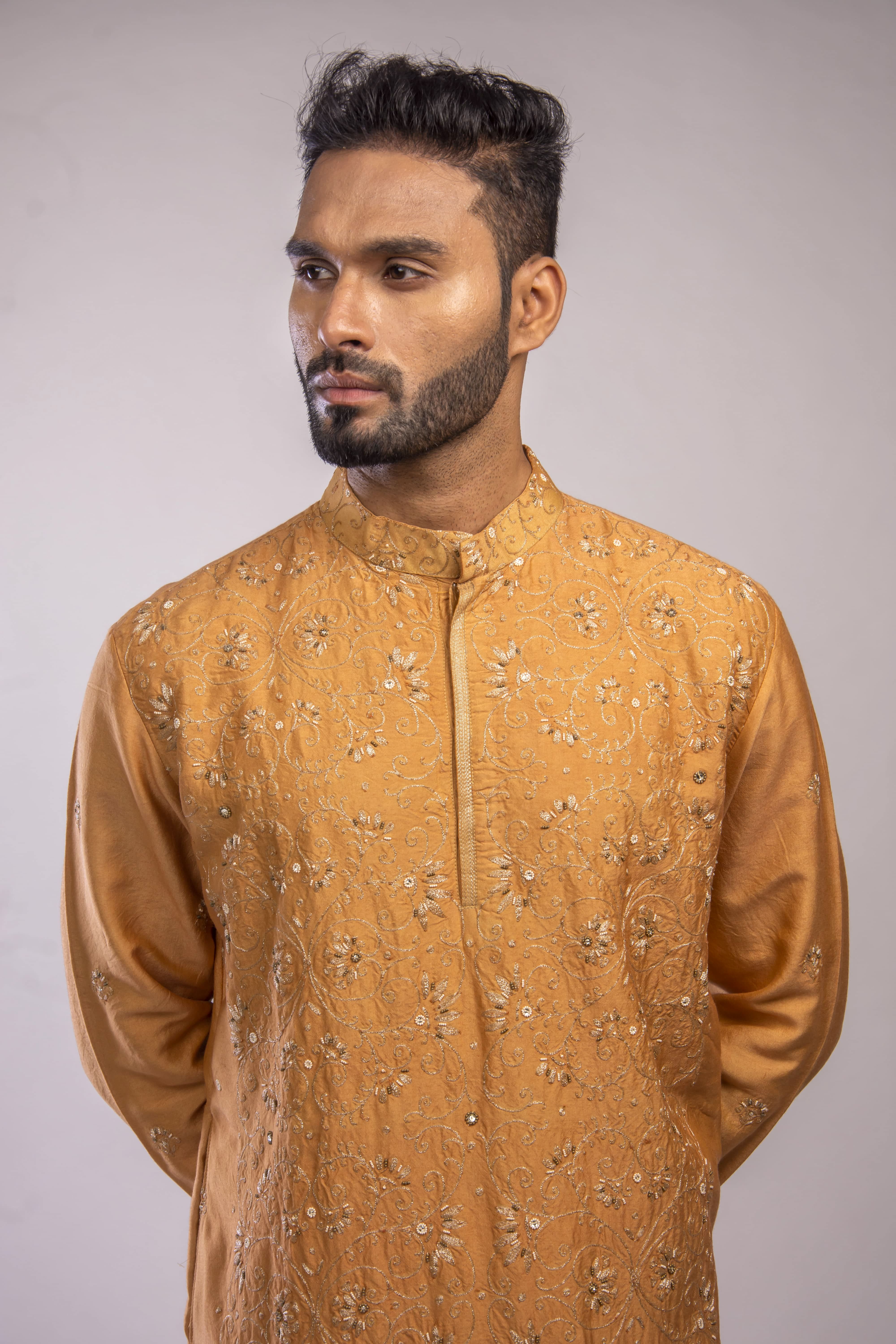 Champagne Beige Kurta with Antique Silver Jaal & Swarovski Embroidery