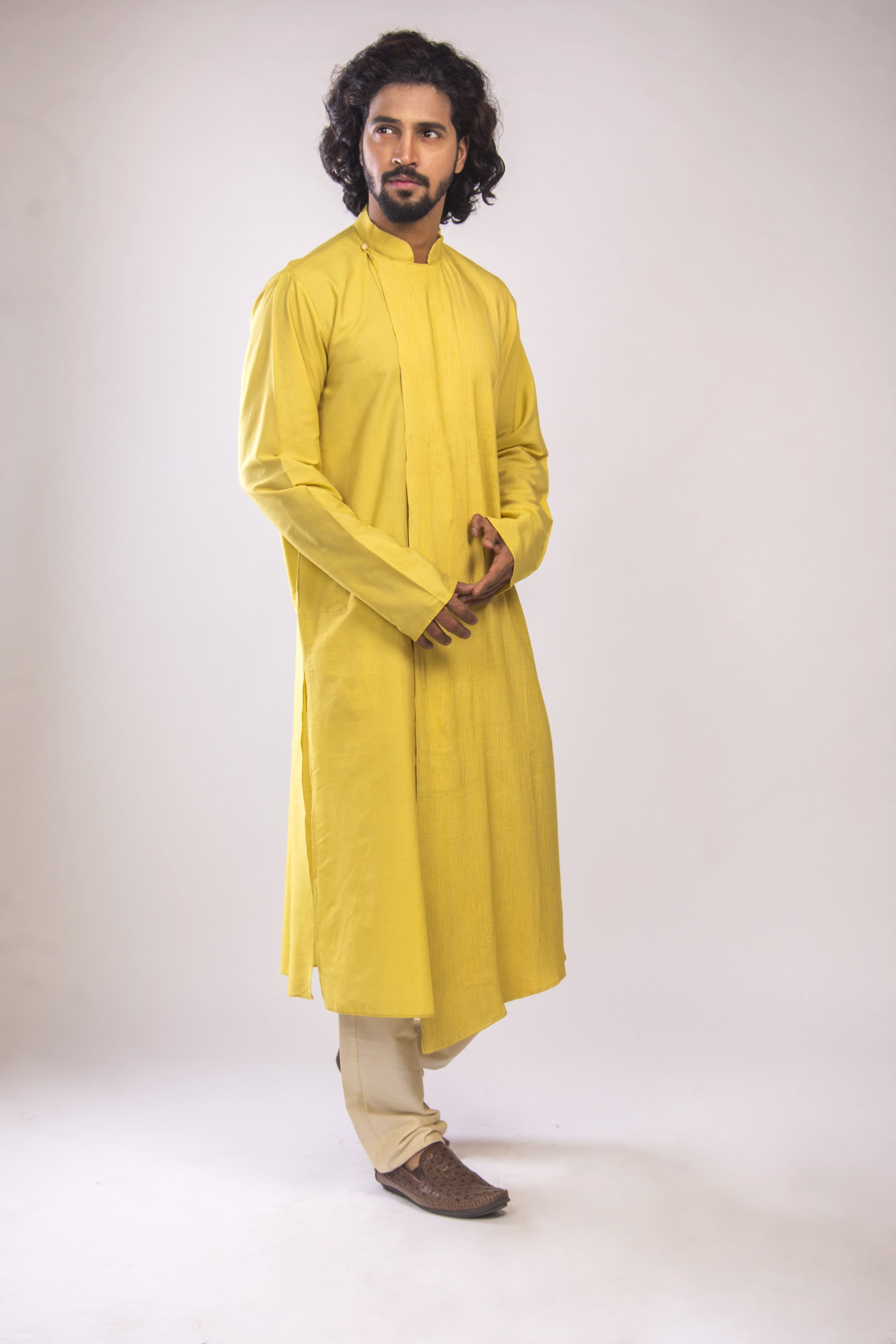 Lemon Yellow Pintuck Kurta with Asymmetric Hem