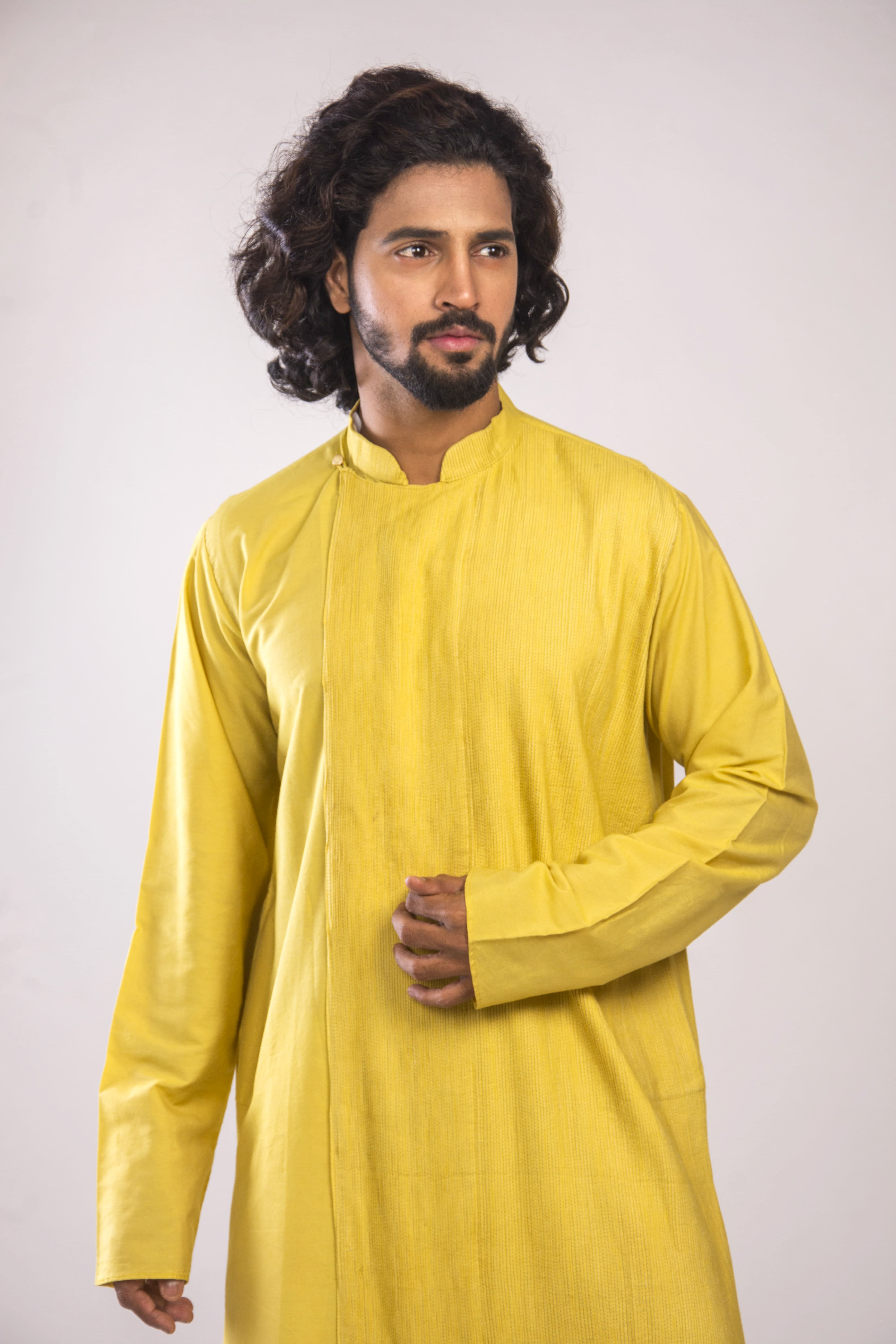 Lemon Yellow Pintuck Kurta with Asymmetric Hem