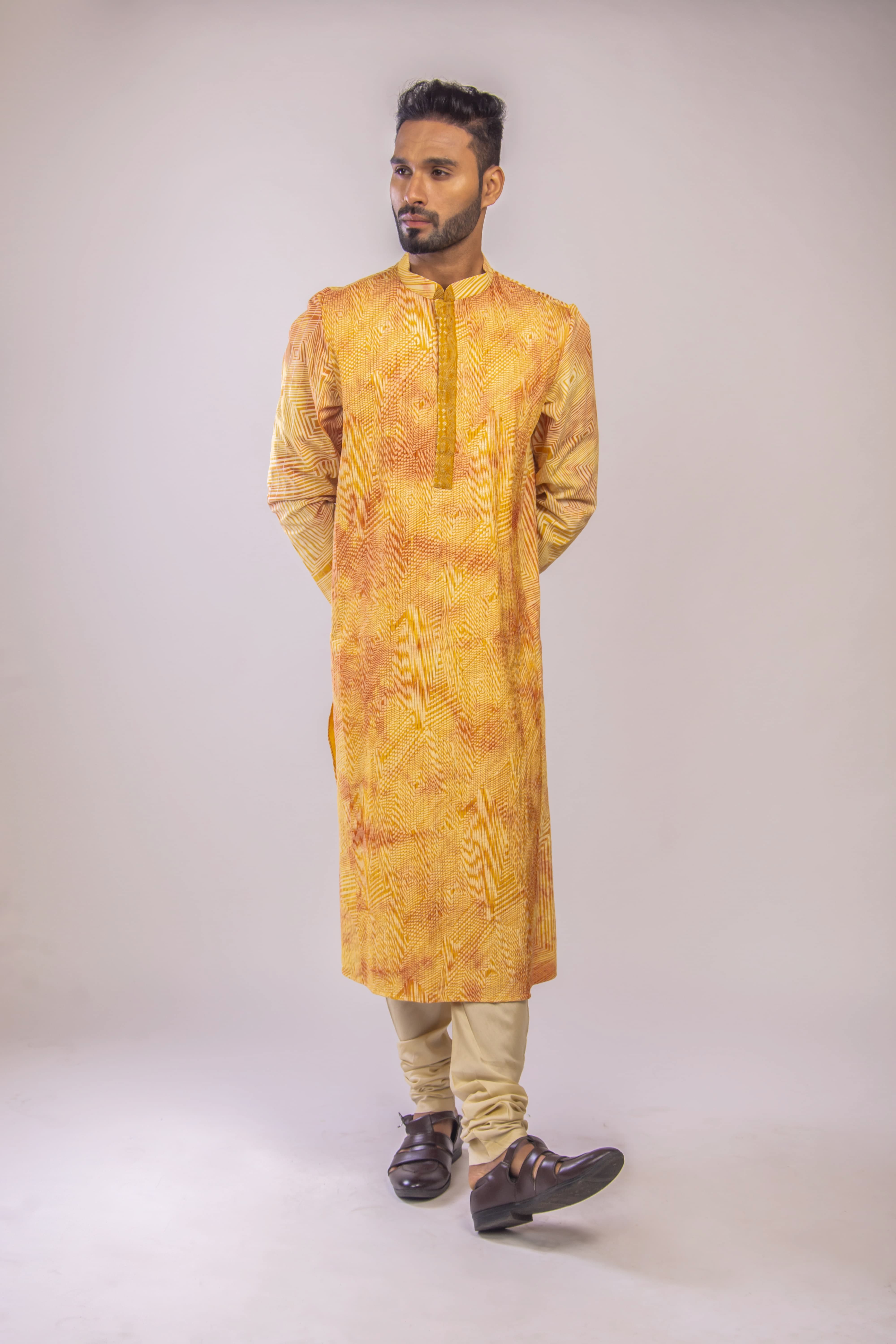 Yellow Kurta with Geometric Handwork & Embroidered Placket