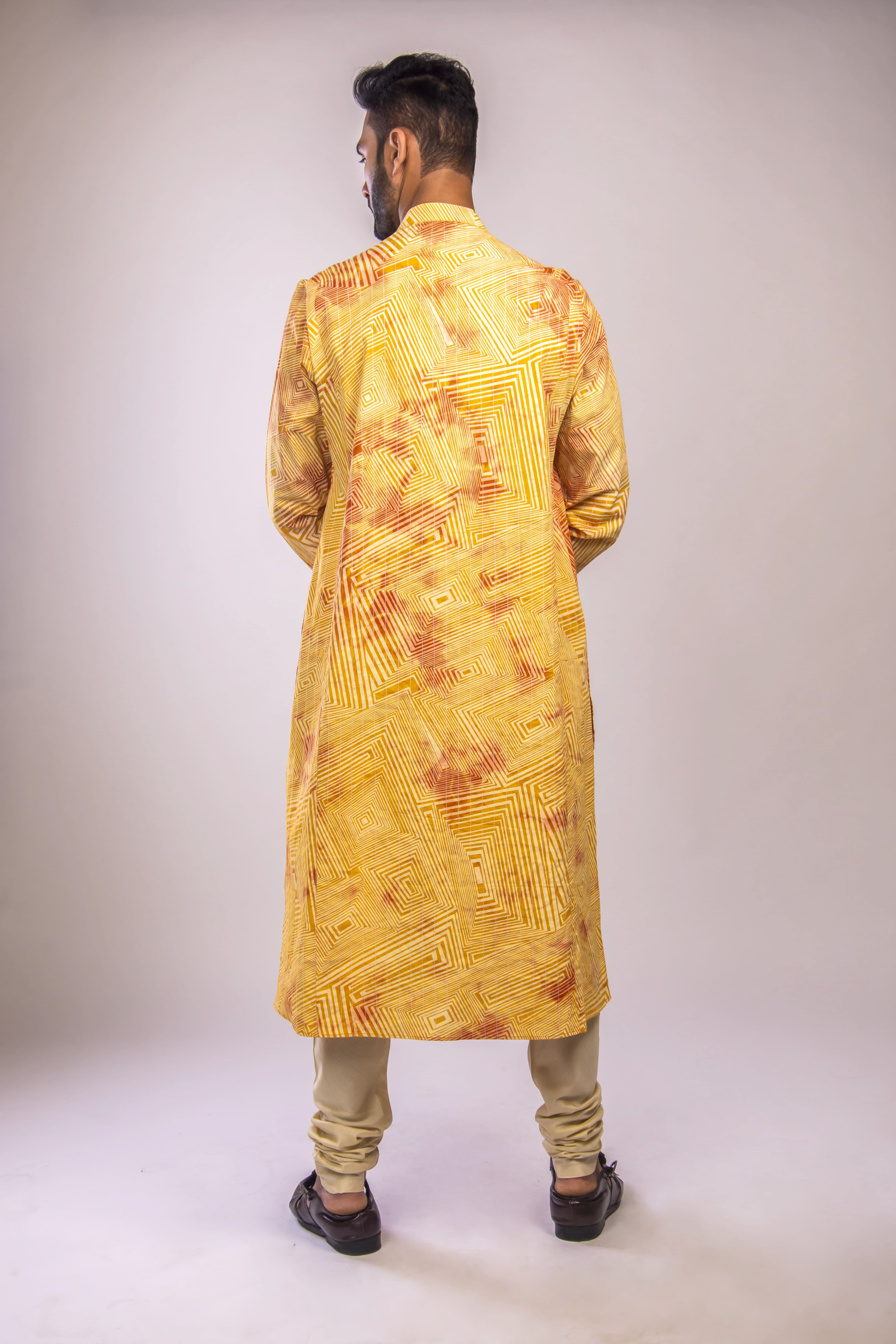 Yellow Kurta with Geometric Handwork & Embroidered Placket