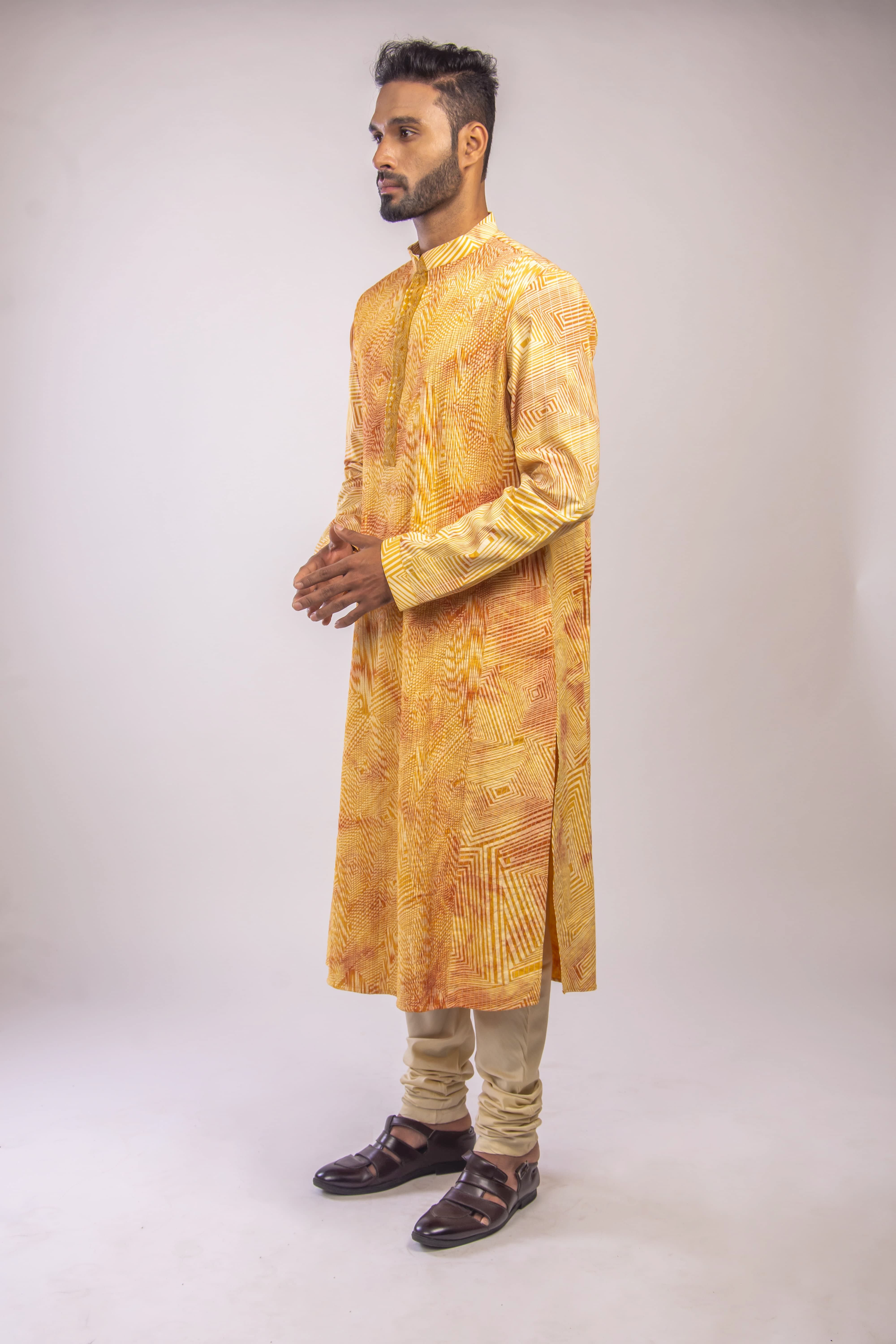 Yellow Kurta with Geometric Handwork & Embroidered Placket