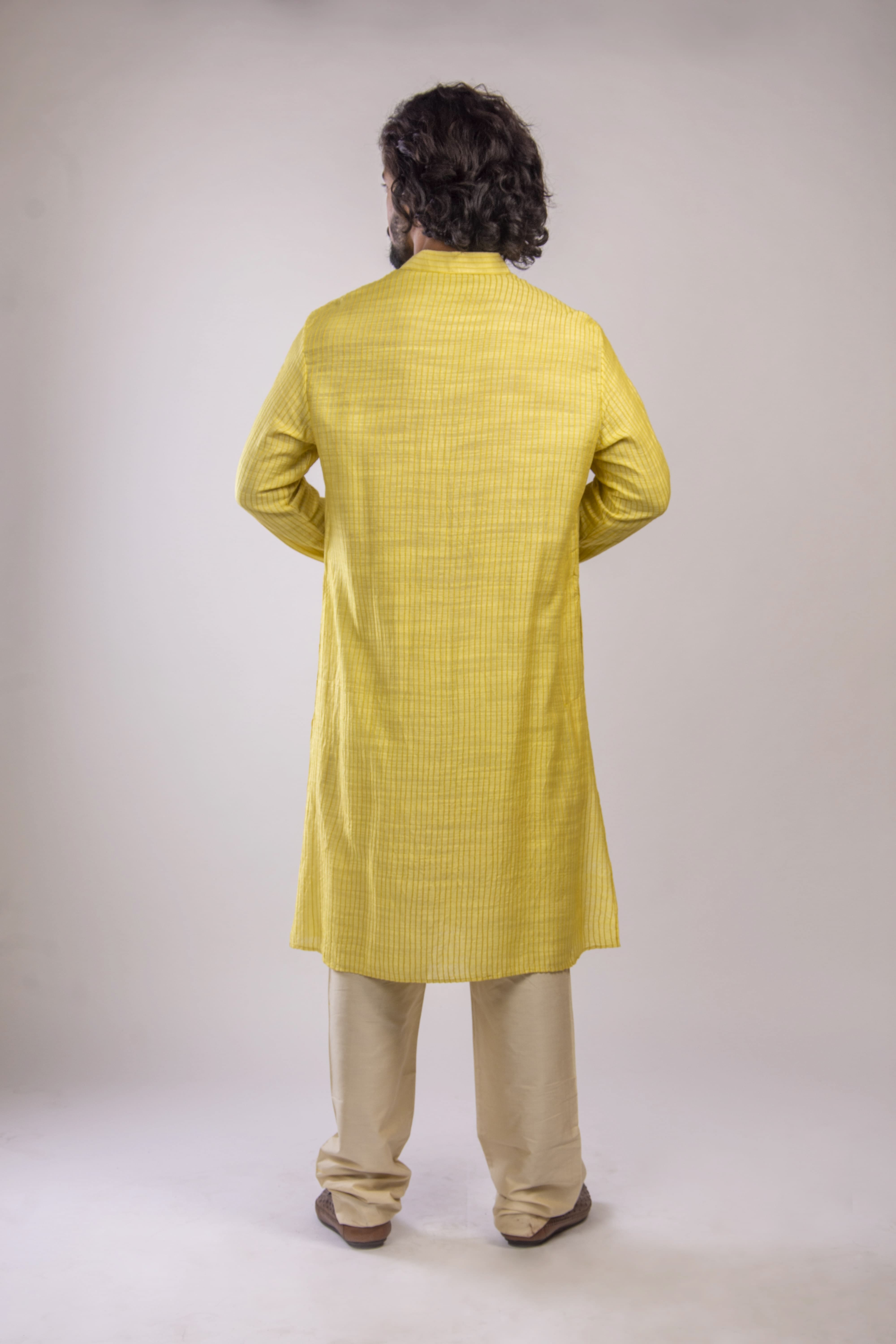 Lemon Yellow Jaal Kurta with Sleeve and Collar Embroidery