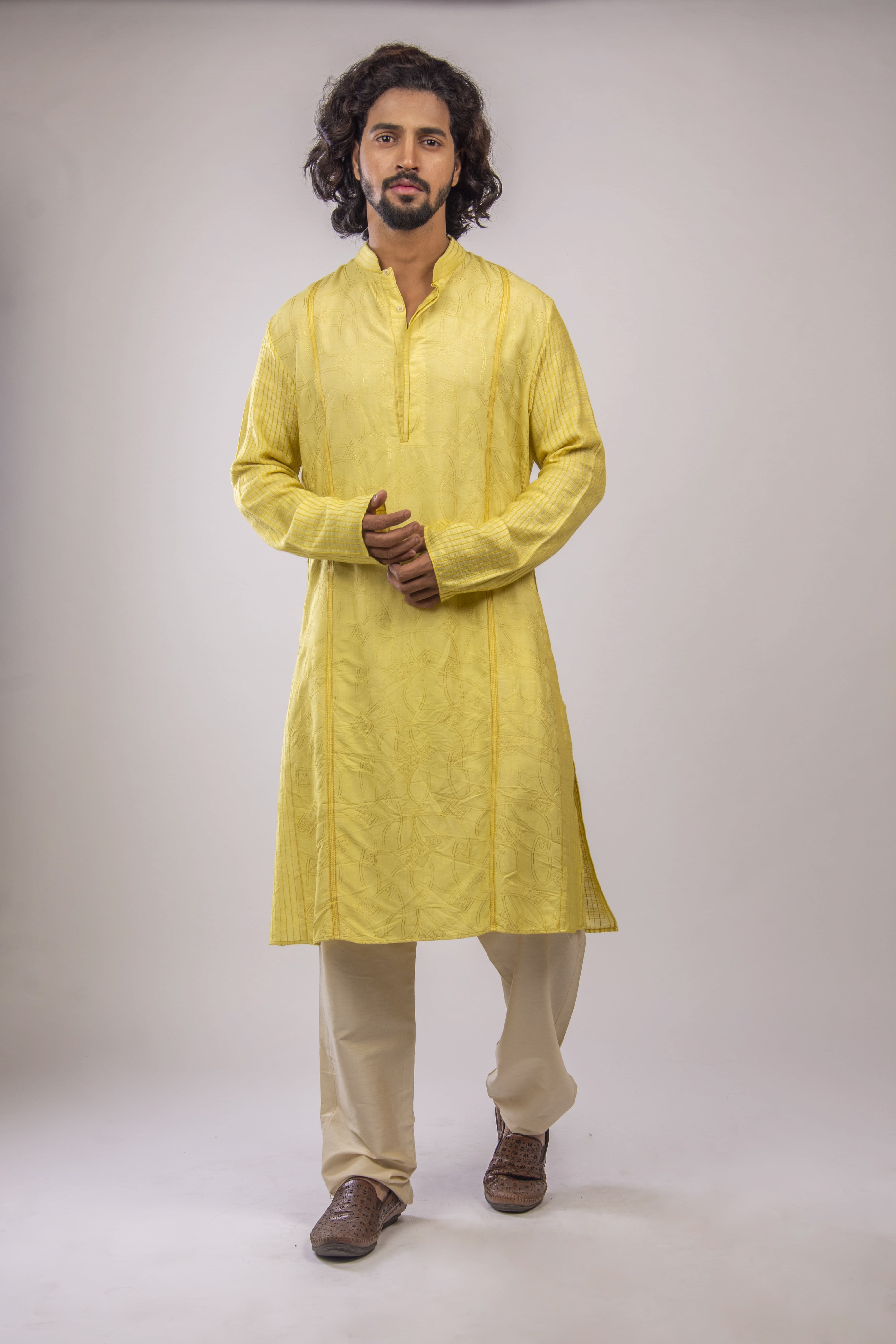 Lemon Yellow Jaal Kurta with Sleeve and Collar Embroidery