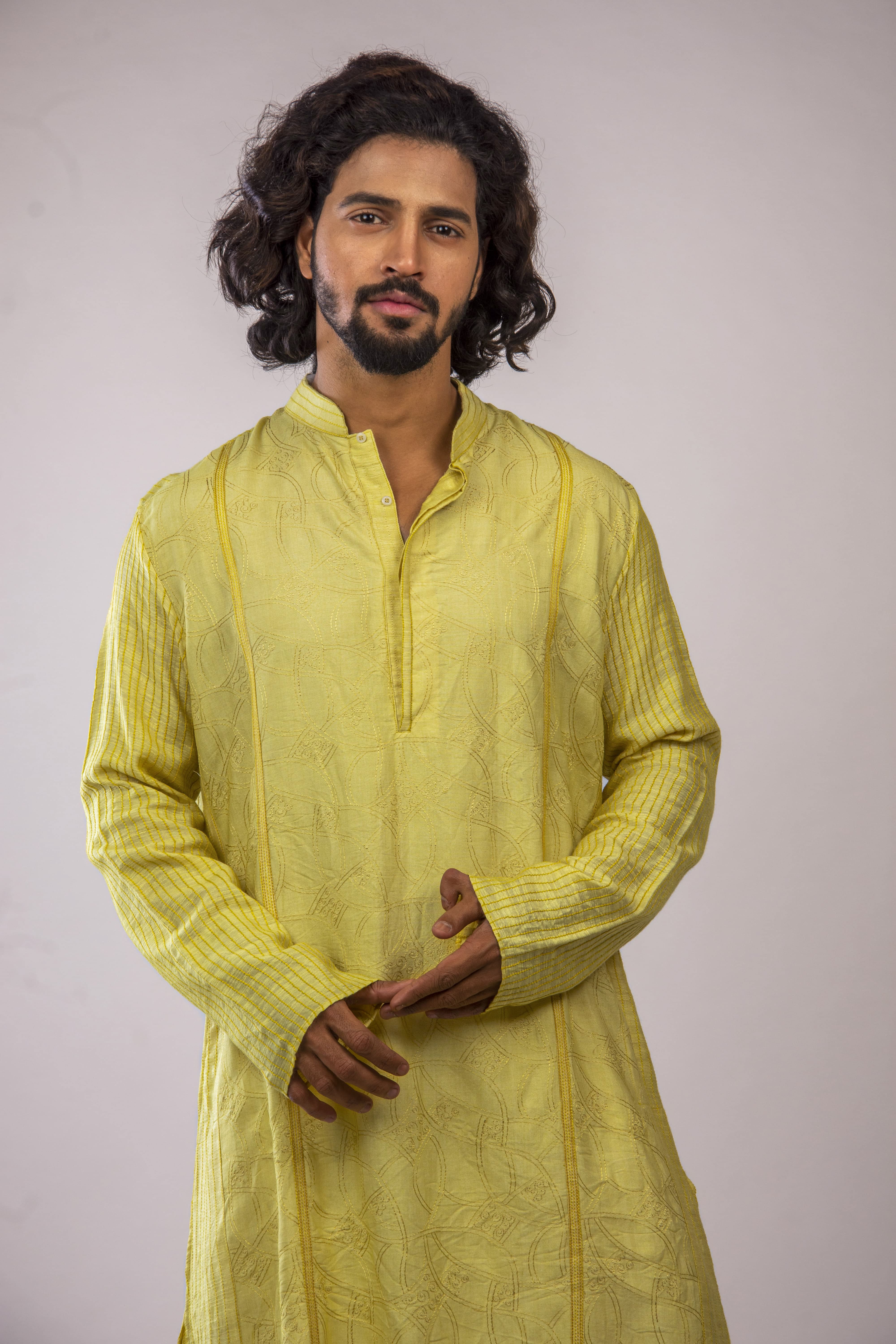 Lemon Yellow Jaal Kurta with Sleeve and Collar Embroidery