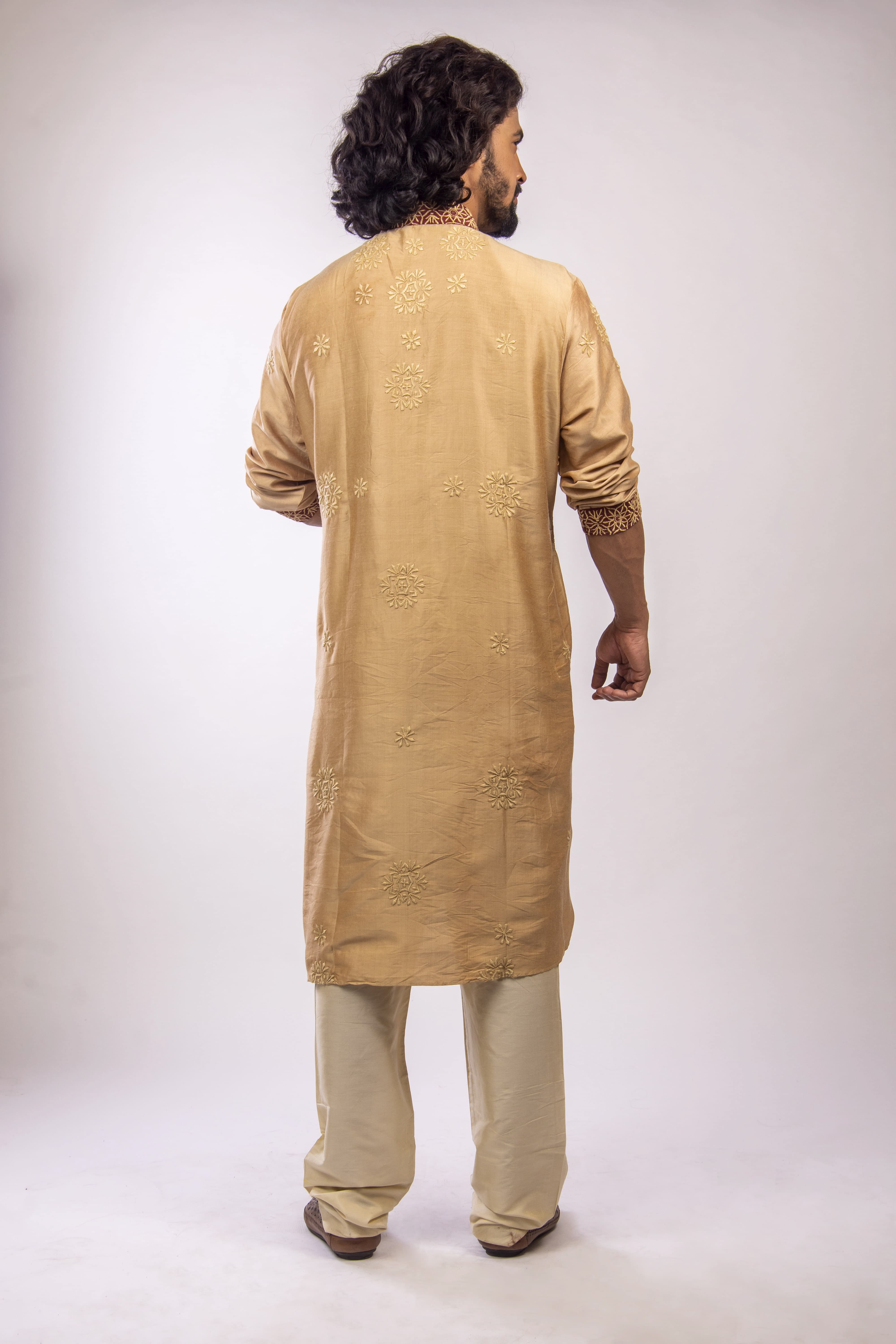 Deep Biscuit Kurta with Maroon Accents & Geometric Embroidery