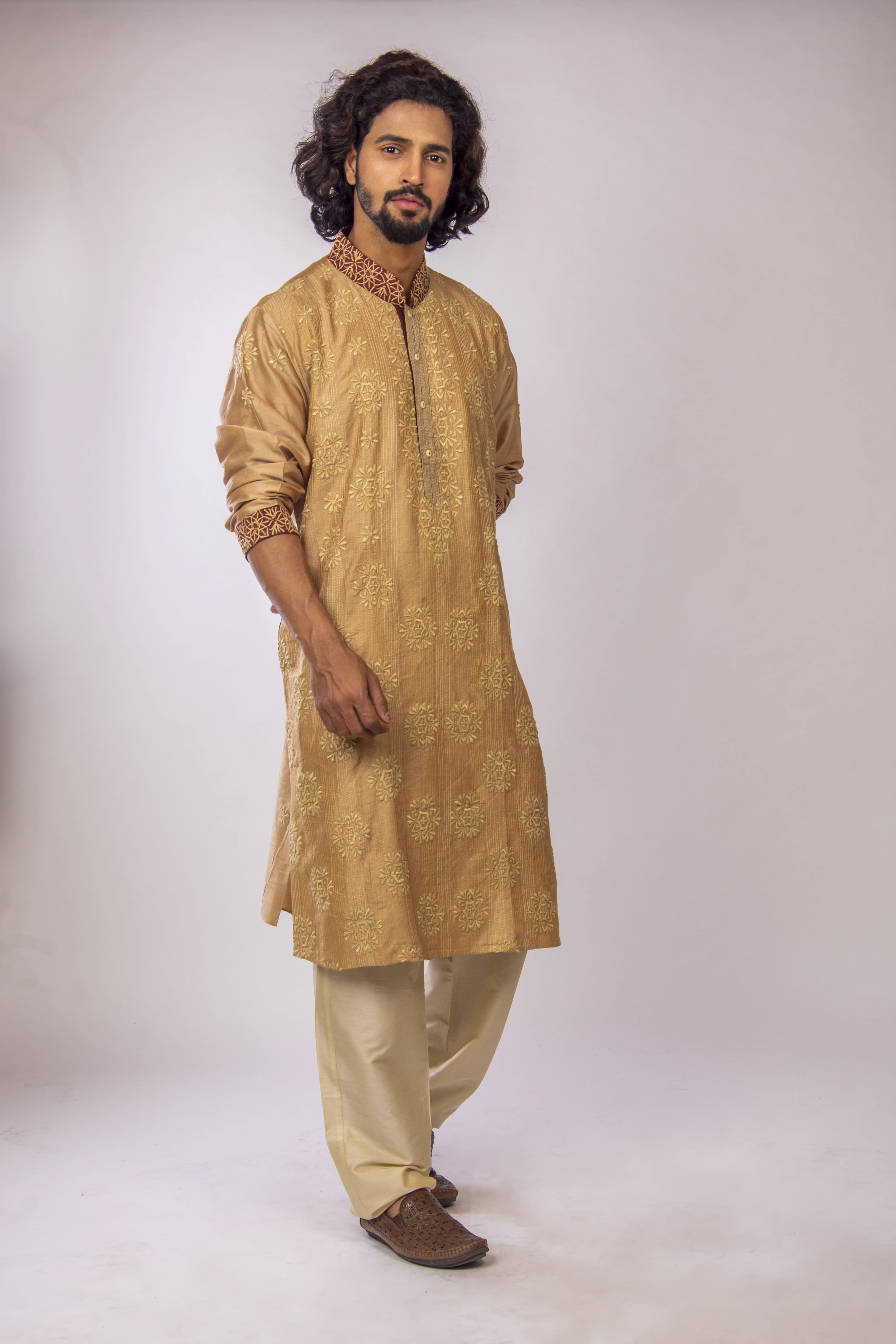Deep Biscuit Kurta with Maroon Accents & Geometric Embroidery