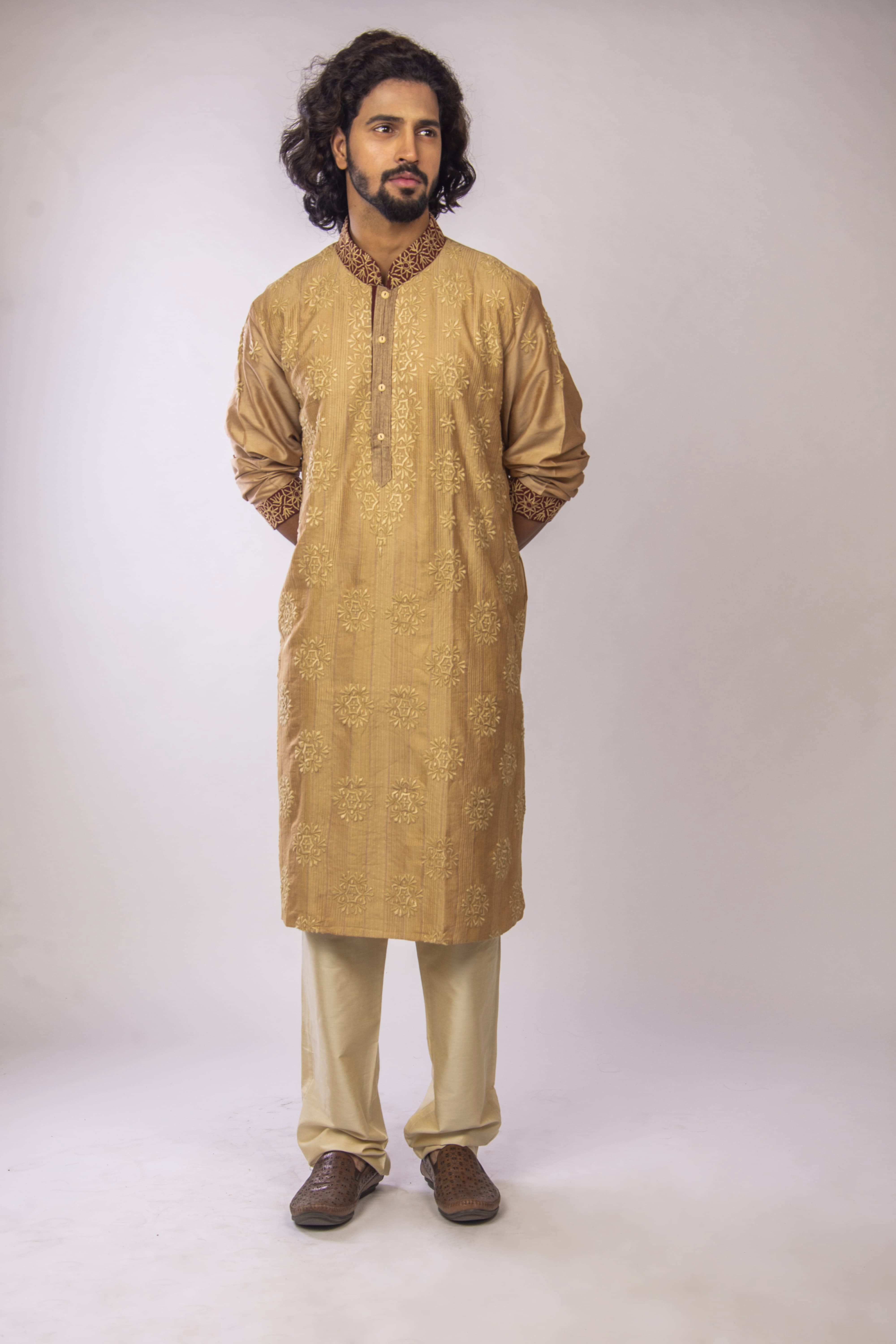 Deep Biscuit Kurta with Maroon Accents & Geometric Embroidery