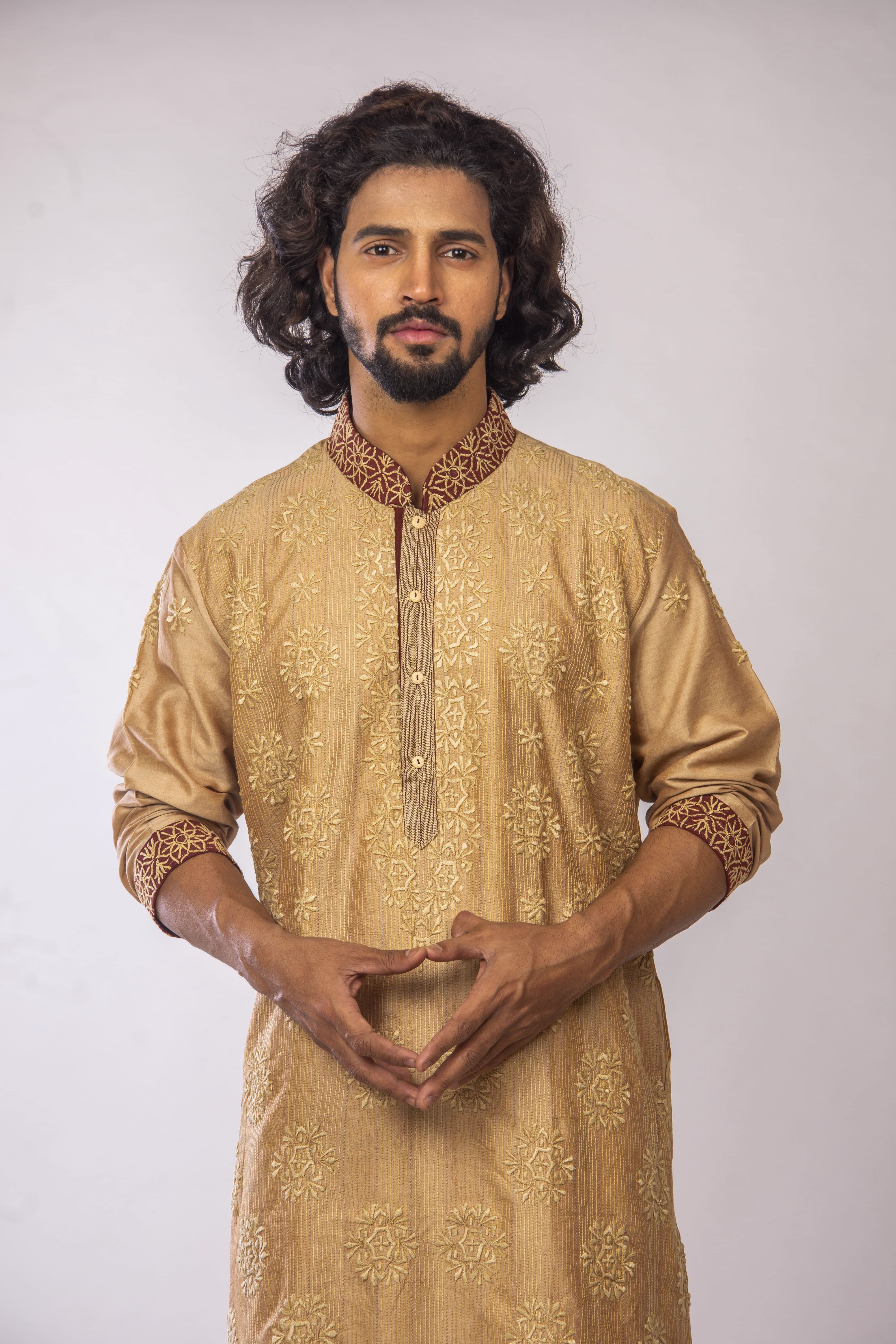 Deep Biscuit Kurta with Maroon Accents & Geometric Embroidery