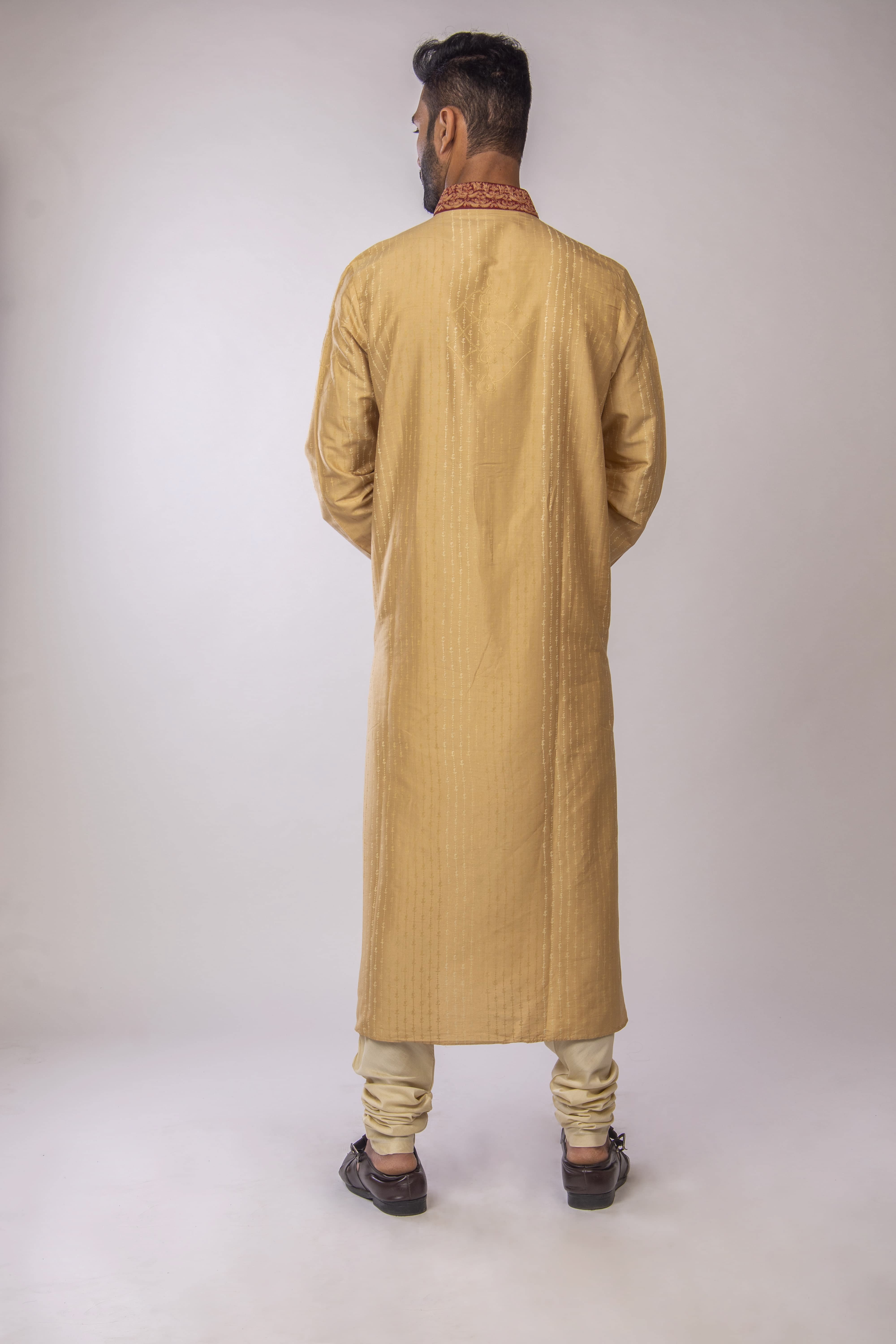 Biscuit Kurta with Maroon Cord Bel Panels in Katan Silk