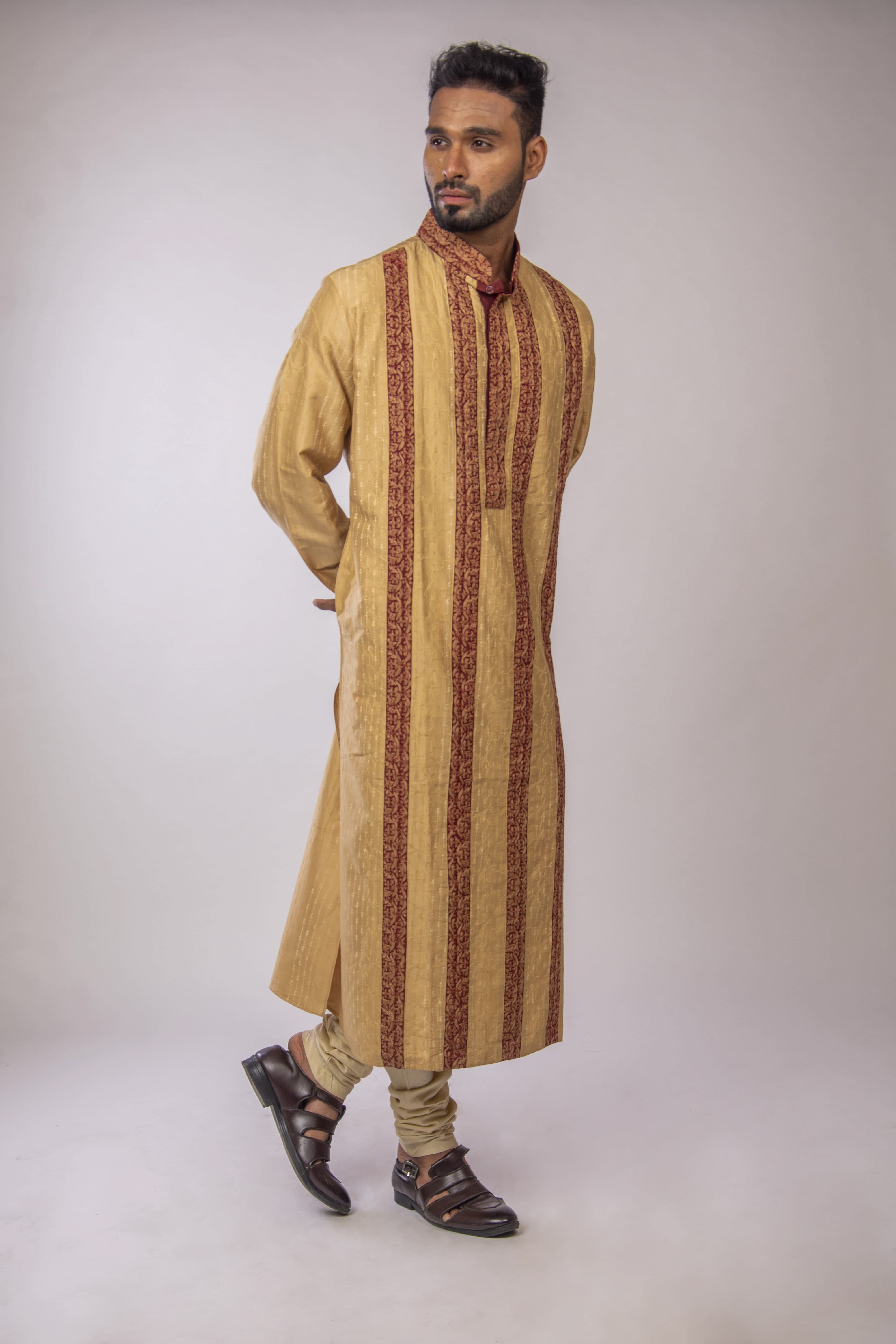 Biscuit Kurta with Maroon Cord Bel Panels in Katan Silk