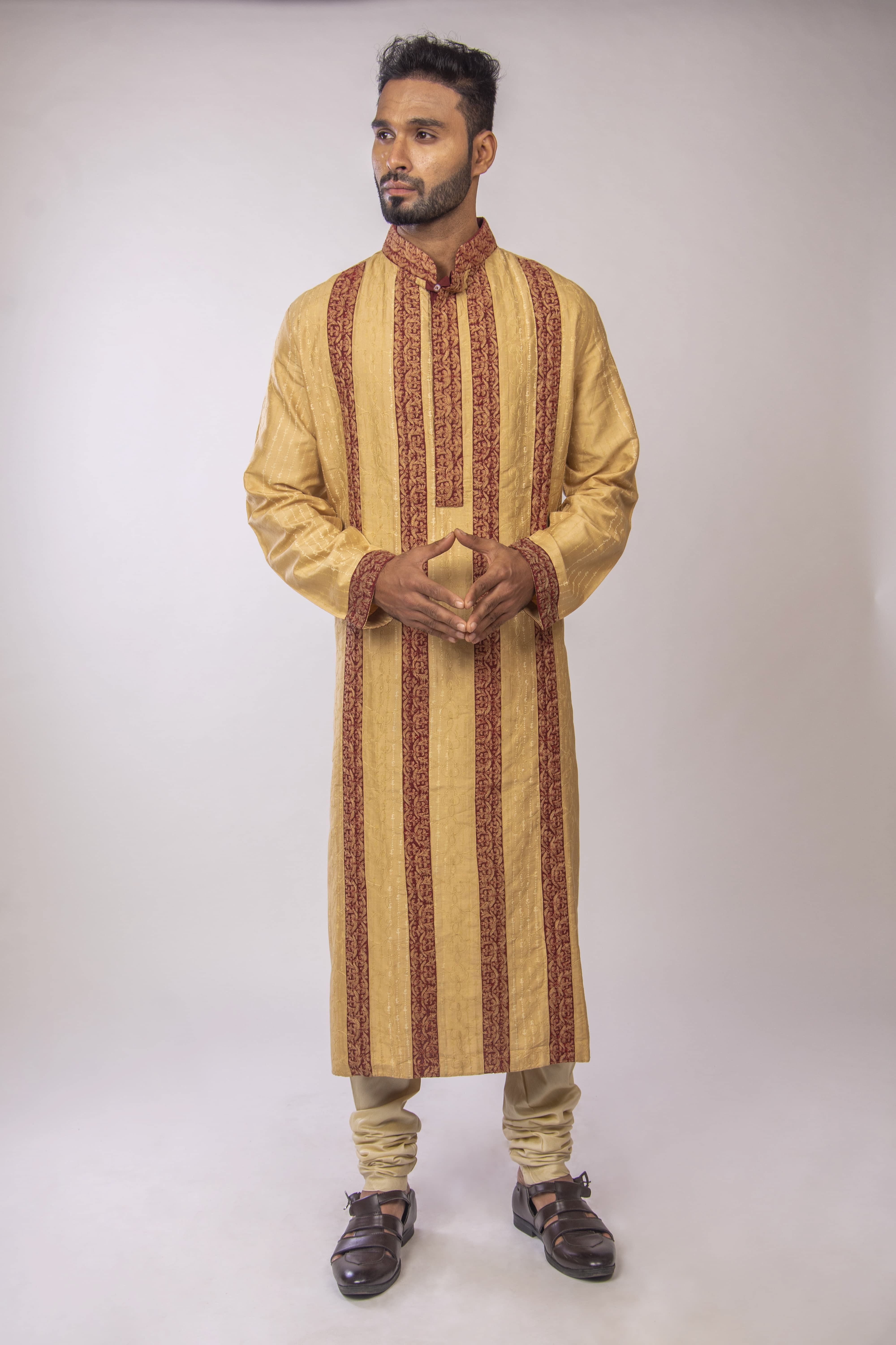 Biscuit Kurta with Maroon Cord Bel Panels in Katan Silk