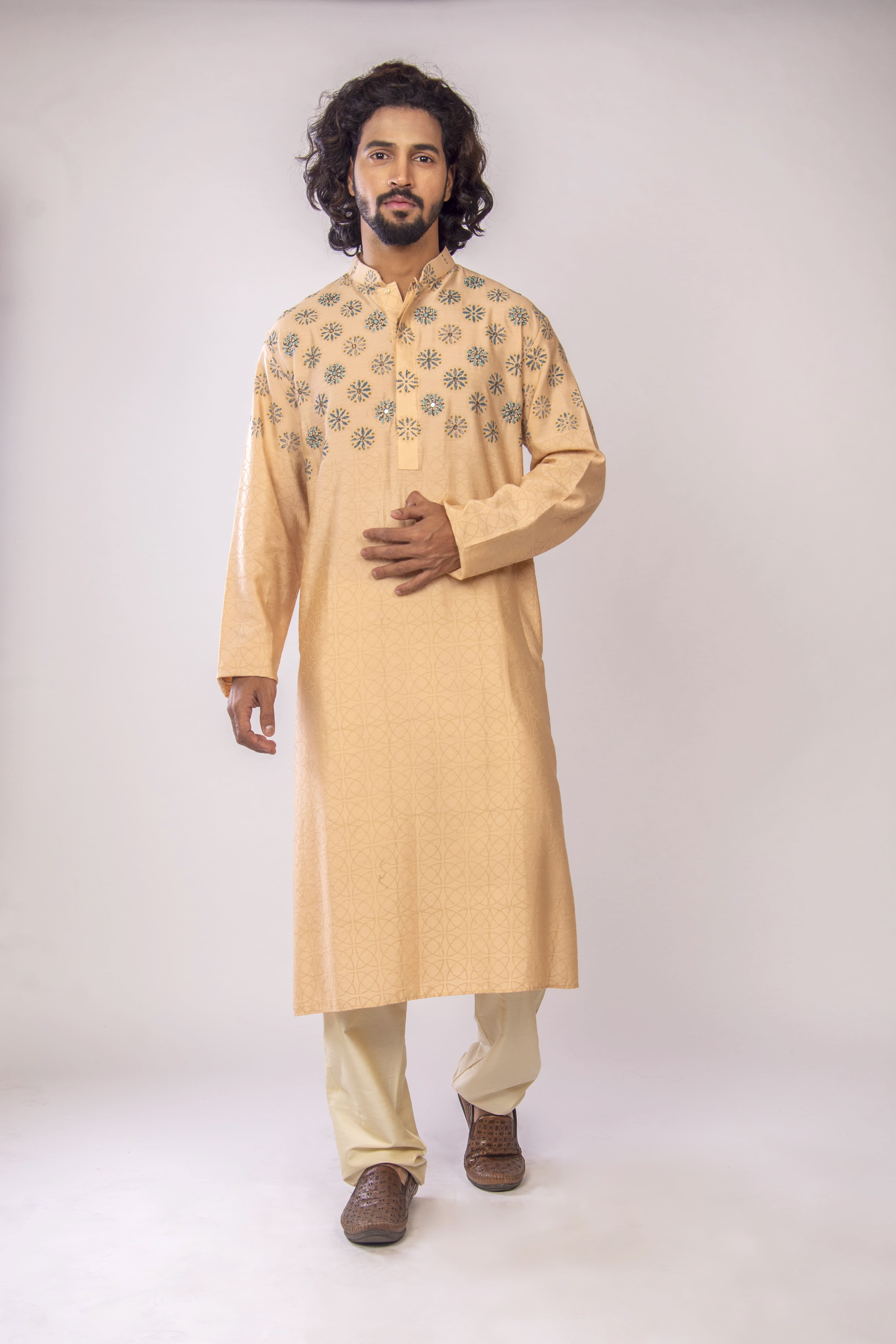 Peach Kurta with Block Print & Bead Embellishments