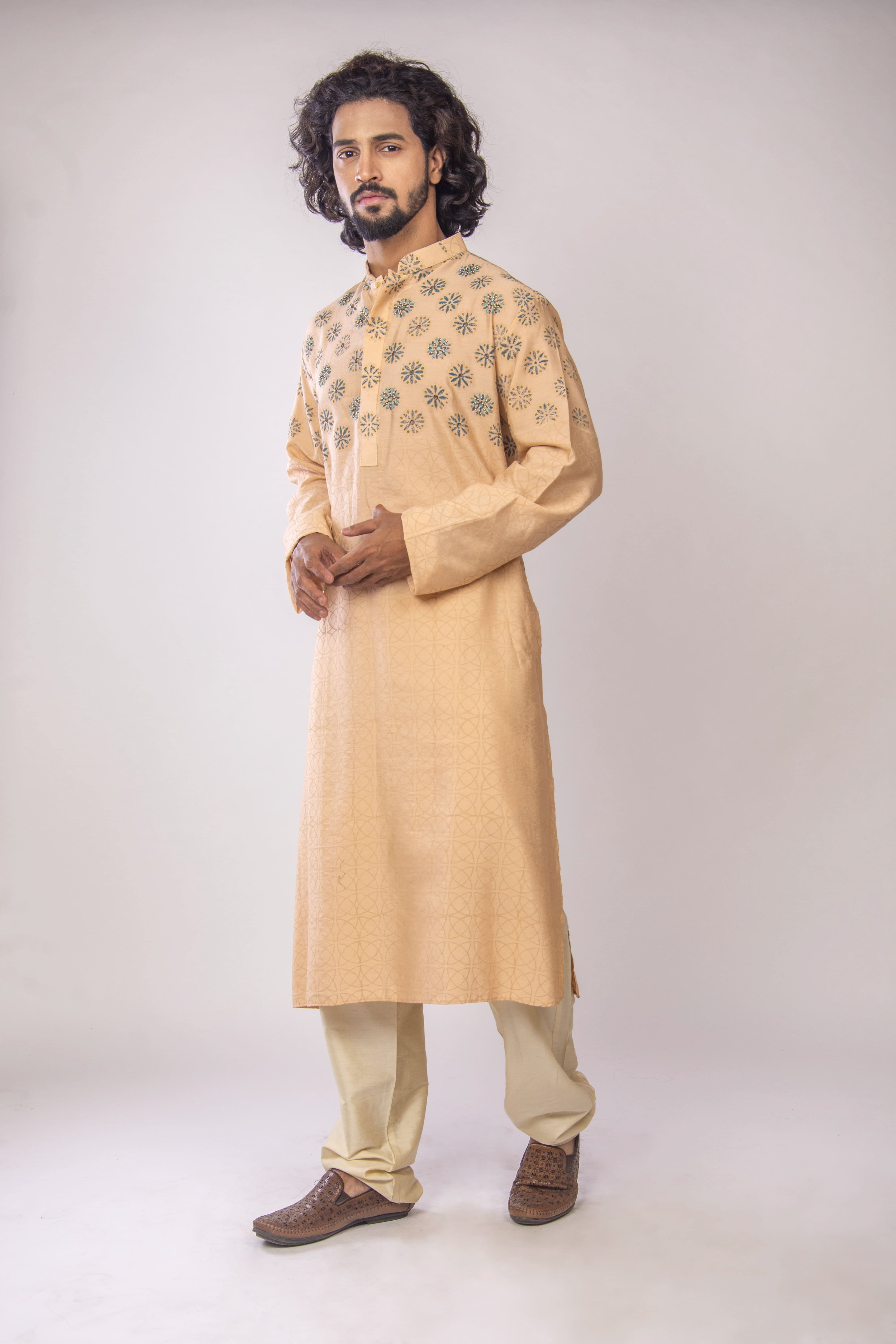 Peach Kurta with Block Print & Bead Embellishments