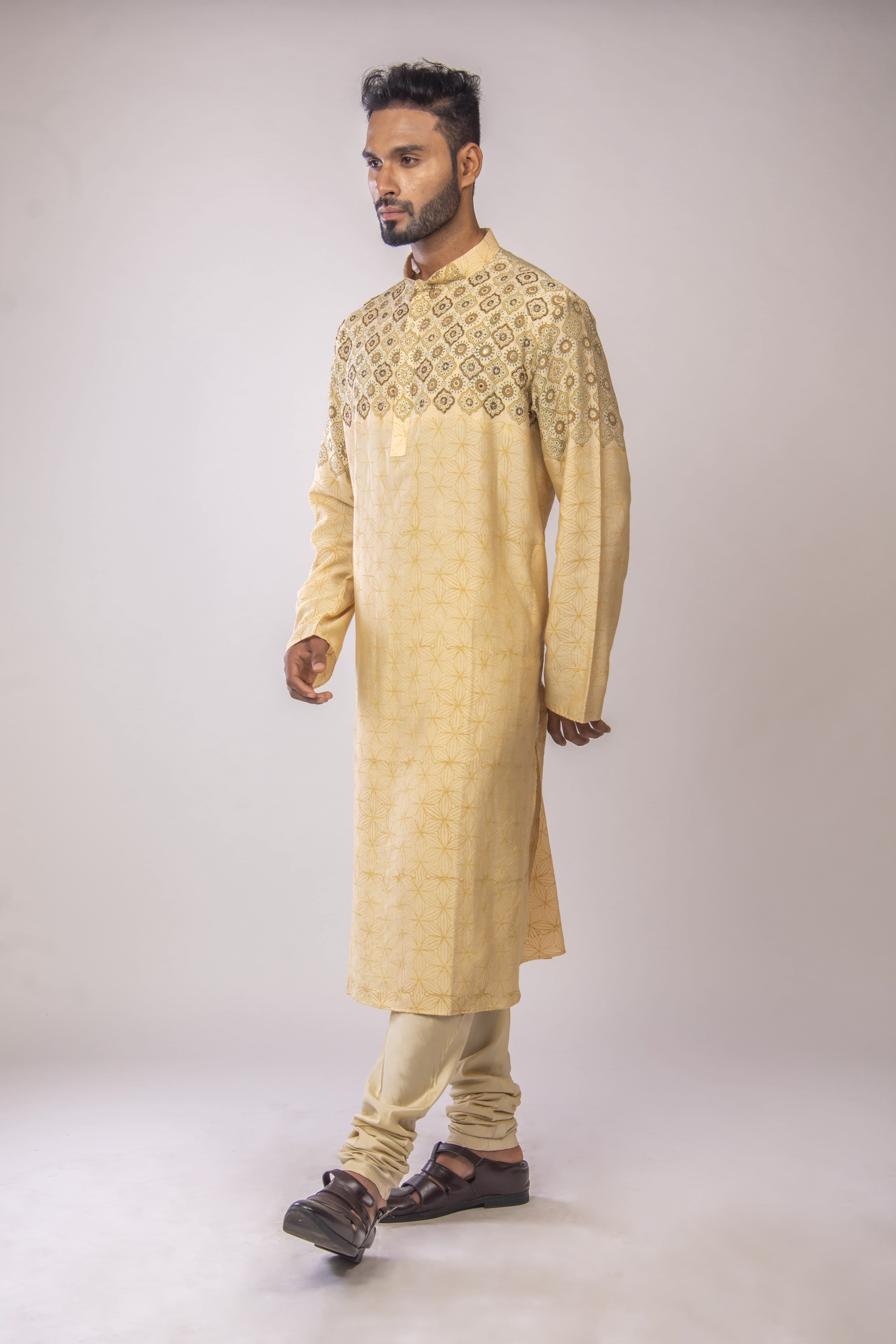 Light Biscuit Kurta with Block Print & Beadwork