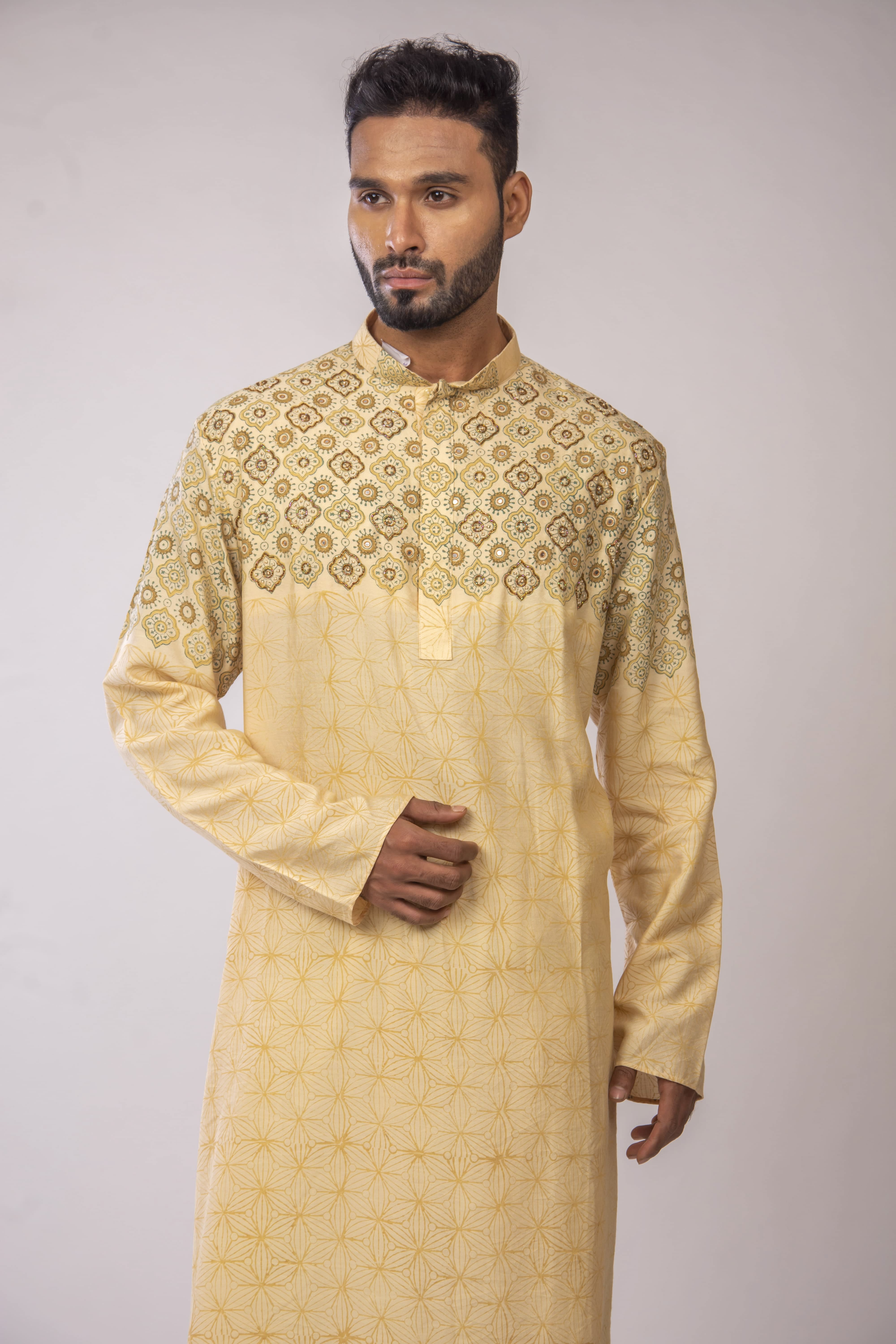 Light Biscuit Kurta with Block Print & Beadwork