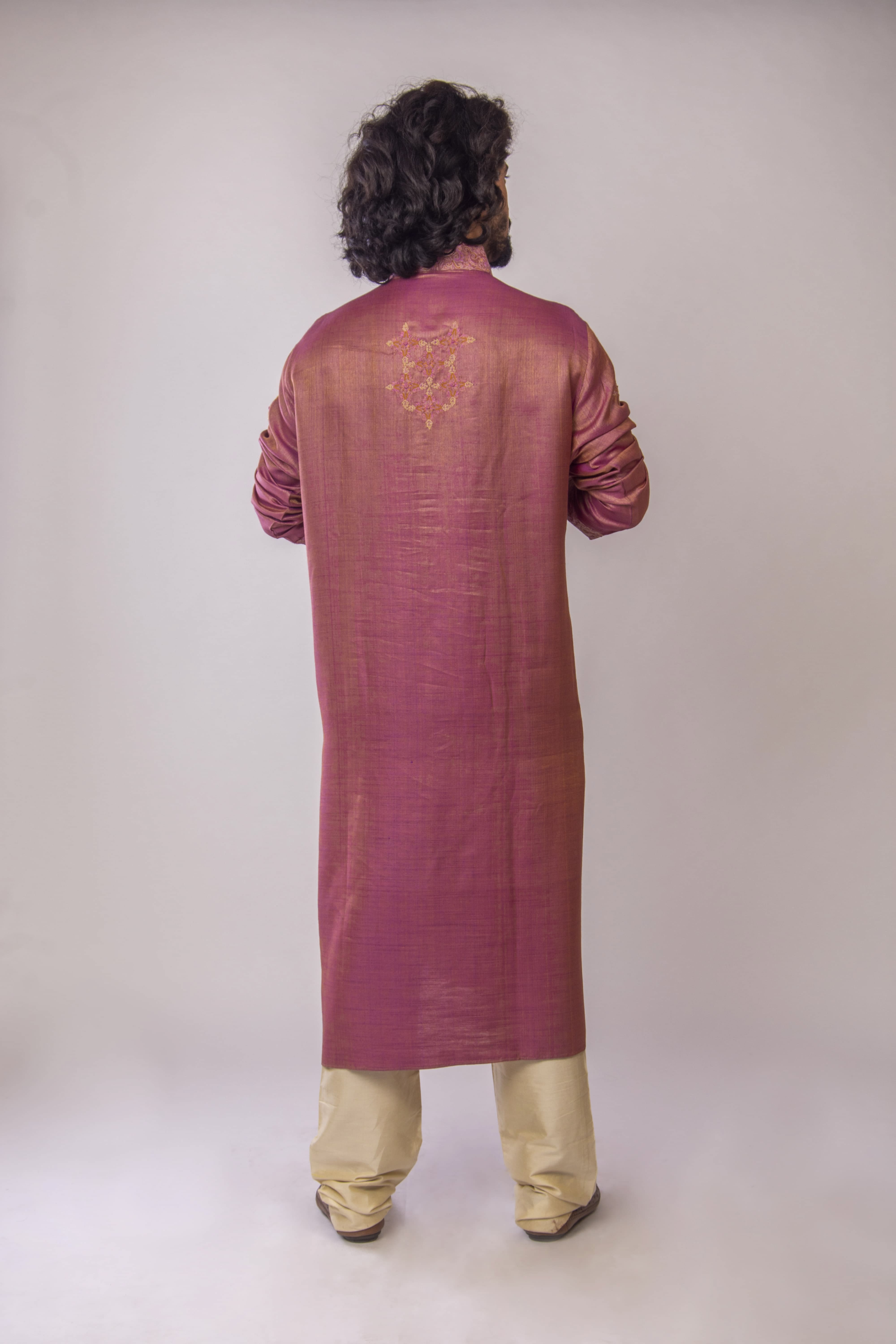 Onion Pink Handloom Kurta with Dual Tone Pashmina Weave and Intricate Resham Embroidery