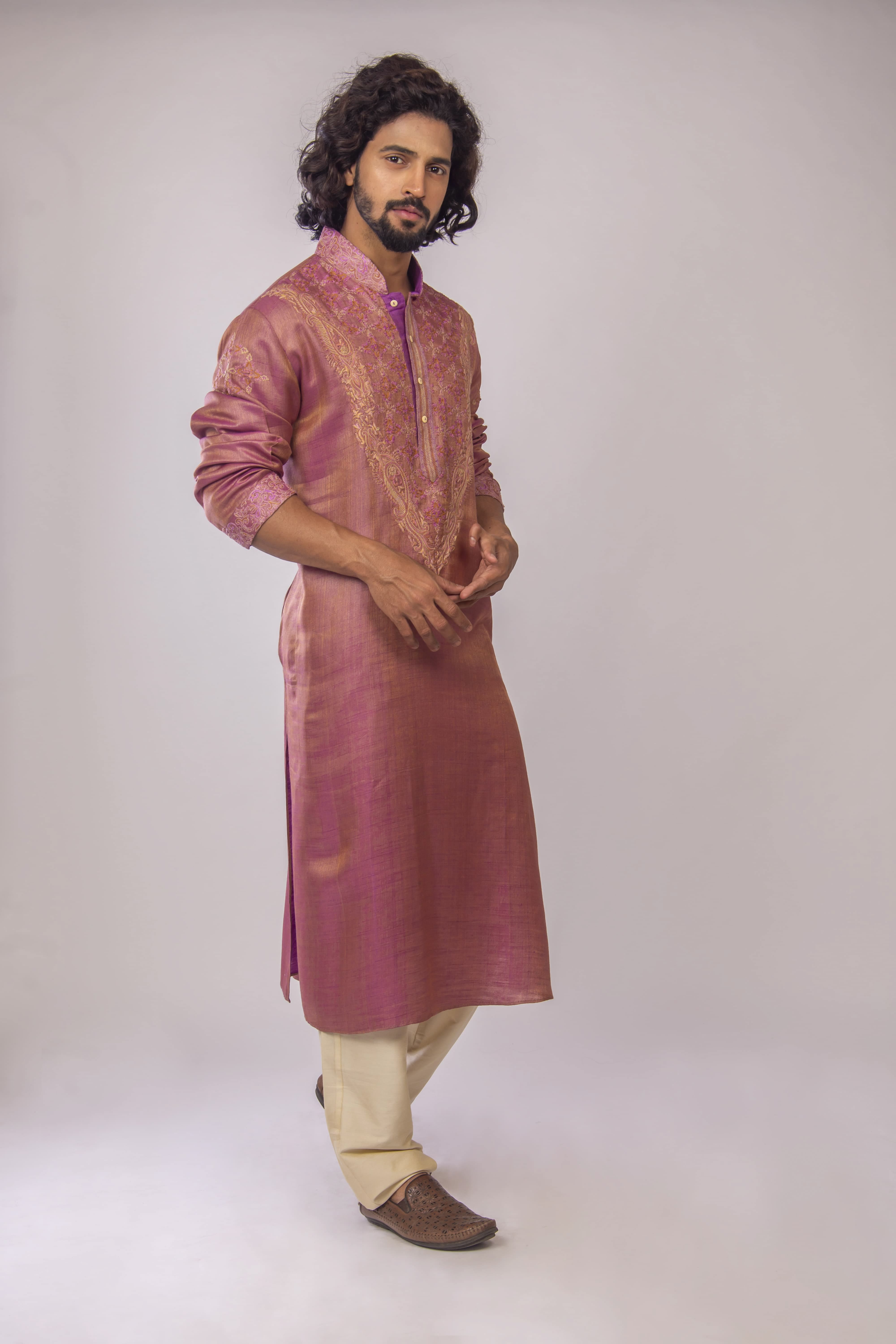 Onion Pink Handloom Kurta with Dual Tone Pashmina Weave and Intricate Resham Embroidery